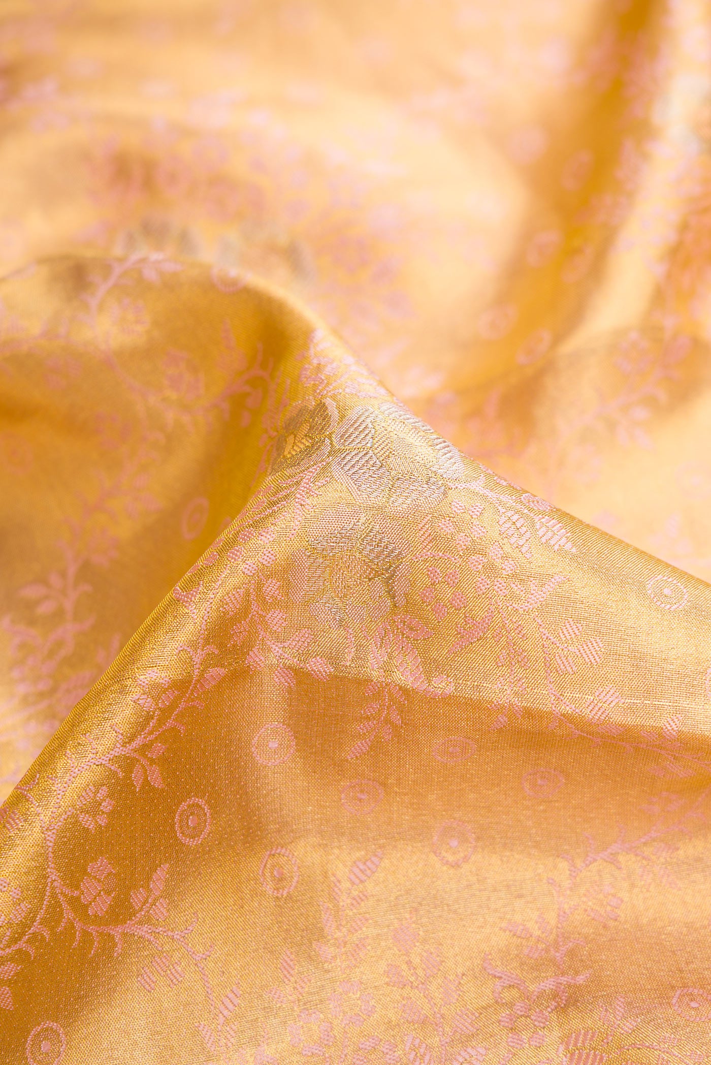 Close up of Pink Dual Tone Kanjivaram Tissue Silk Saree with Zari Brocade on the body and Zari Border.  displaying folds