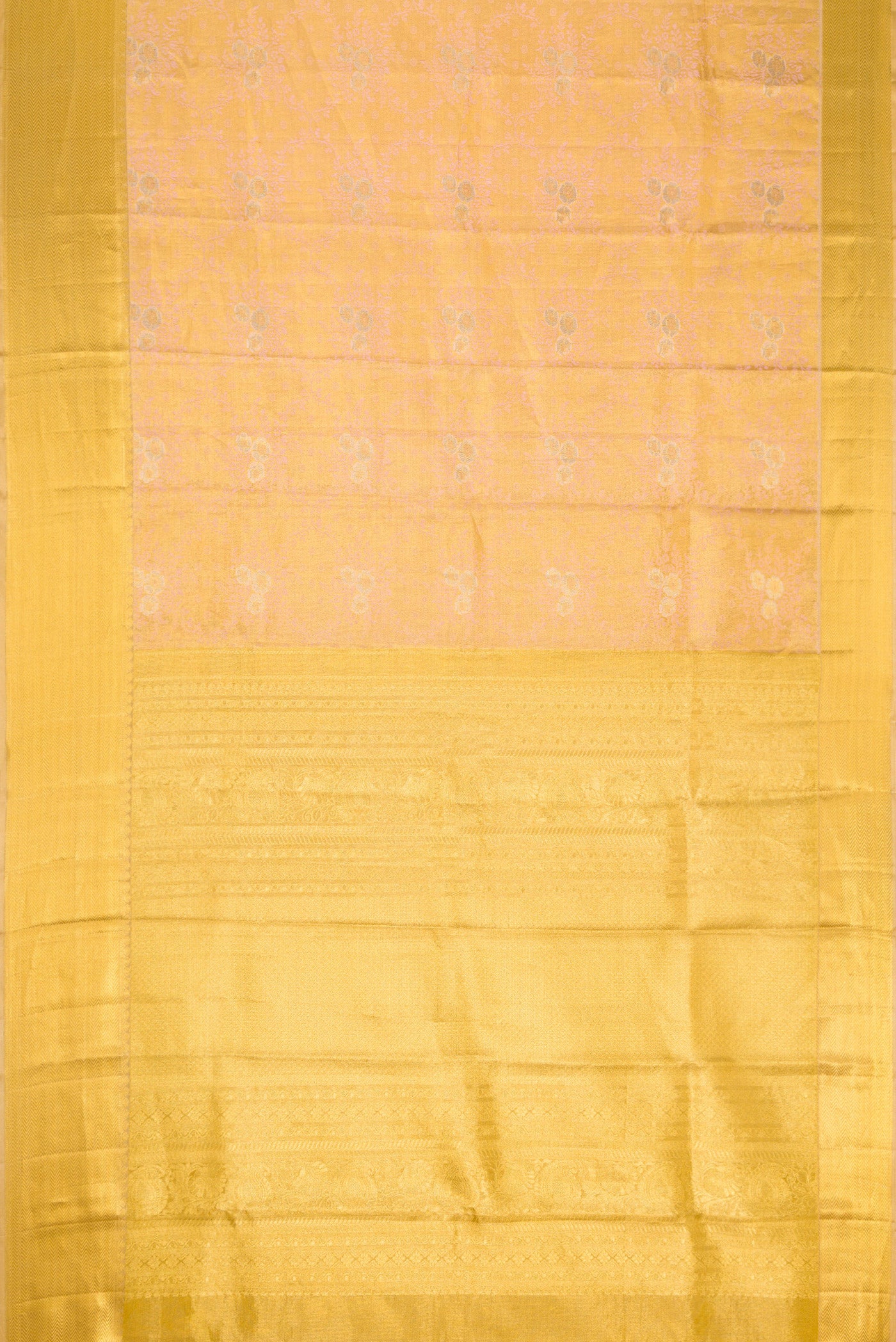 Flat view of Pink Dual Tone Kanjivaram Tissue Silk Saree with Zari Brocade on the body and Zari Border. 