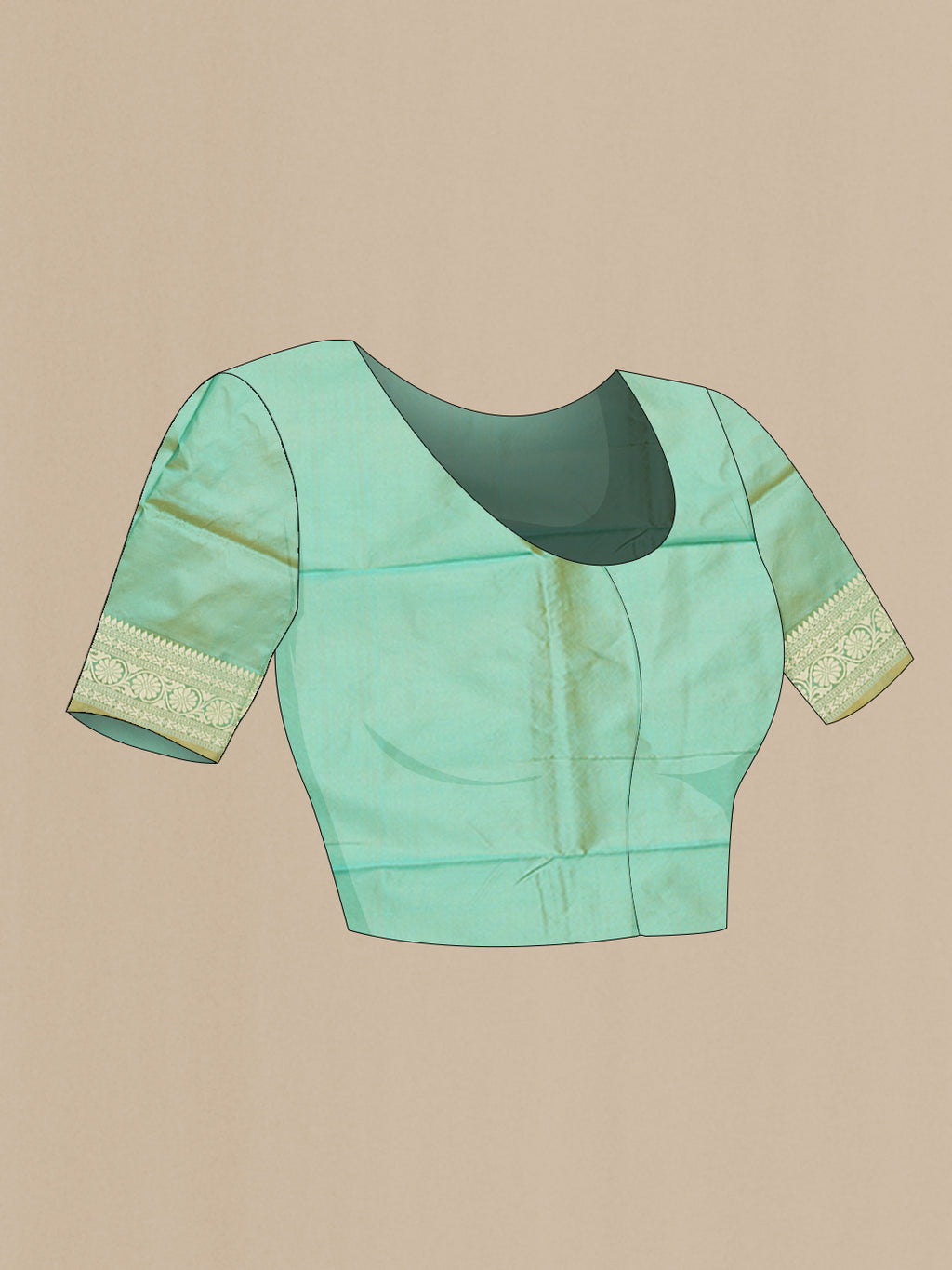 Close up image of the blouse of Light Green Banarasi Silk Saree with Thread Butta on the body and Thread Border. 