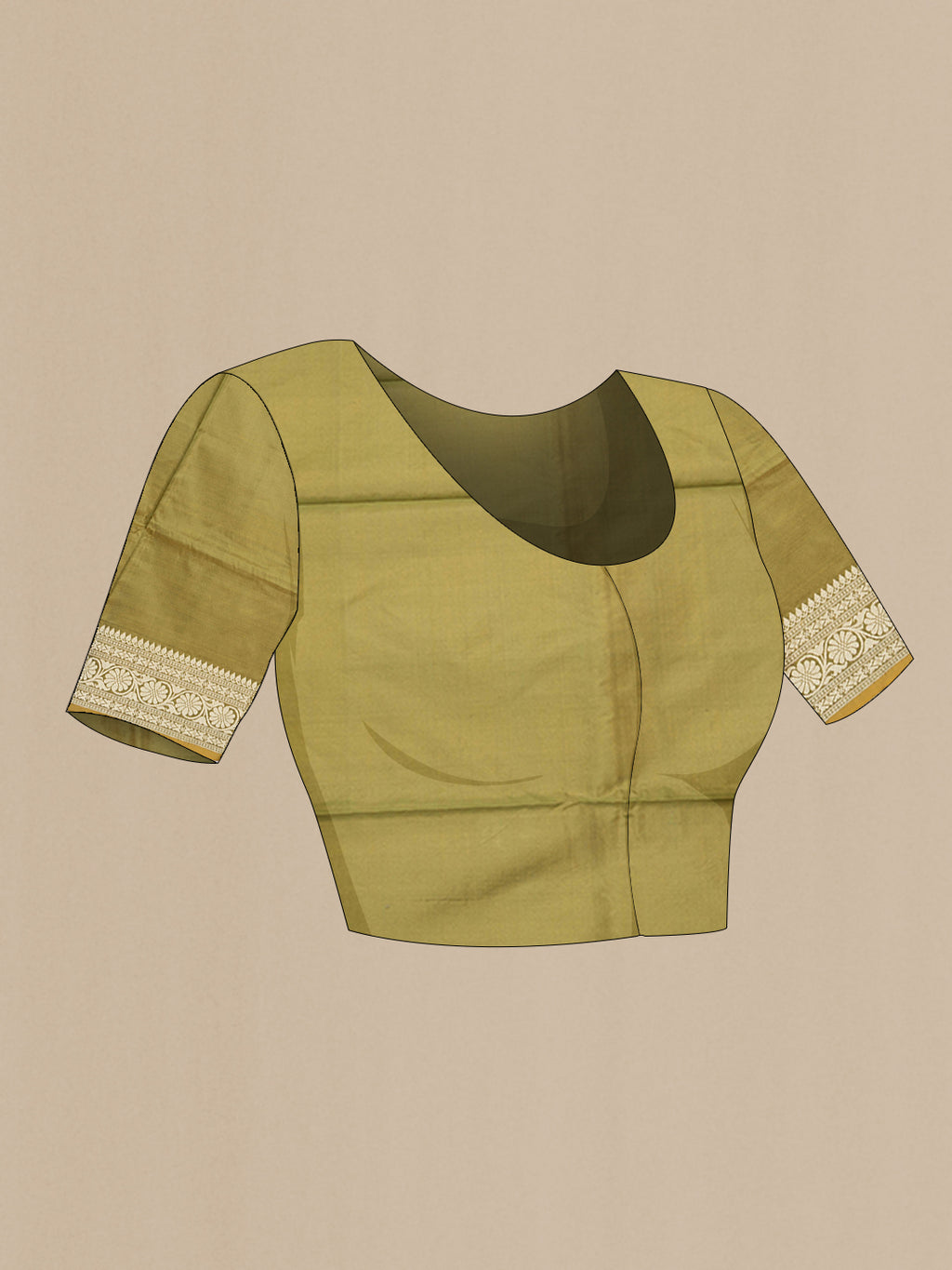 Close up image of the blouse of Mehandi Green Banarasi Silk Saree with Thread Butta on the body and Thread Border. 