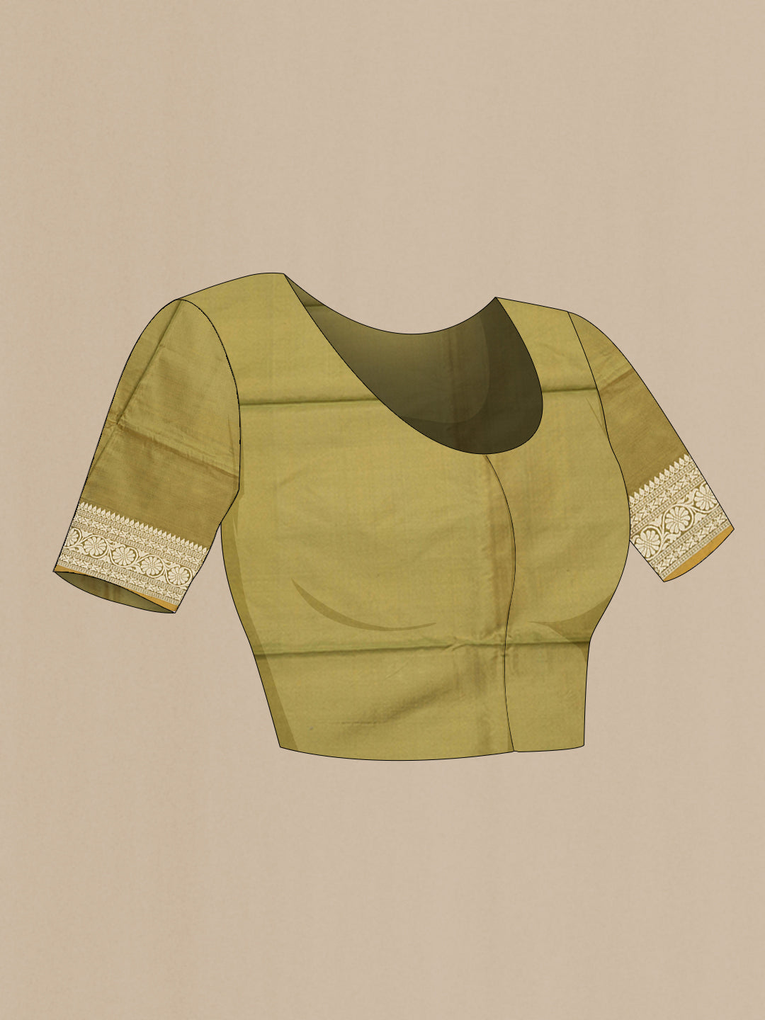 Close up image of the blouse of Mehandi Green Banarasi Silk Saree with Thread Butta on the body and Thread Border. 