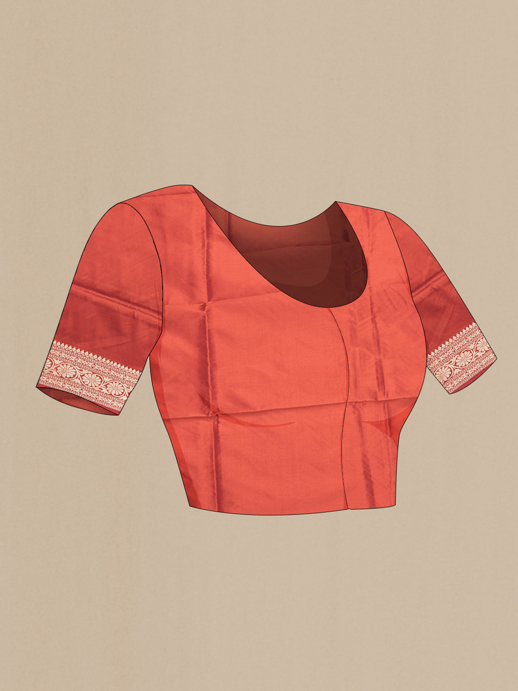 Close up image of the blouse of Brick Orange Dual Tone Banarasi Silk Saree with Thread Butta on the body and Thread Border. 