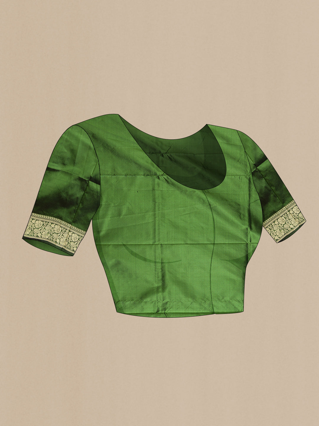 Close up image of the blouse of Green Dual Tone Banarasi Silk Saree with Thread Butta on the body and Thread Border. 
