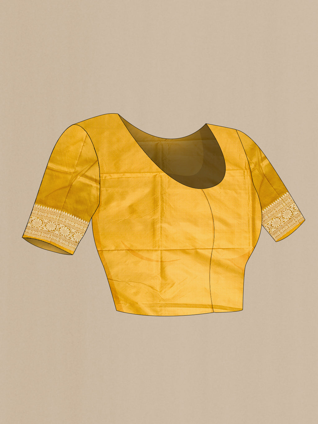 Close up image of the blouse of Gold Dual Tone Banarasi Silk Saree with Thread Butta on the body and Thread Border. 