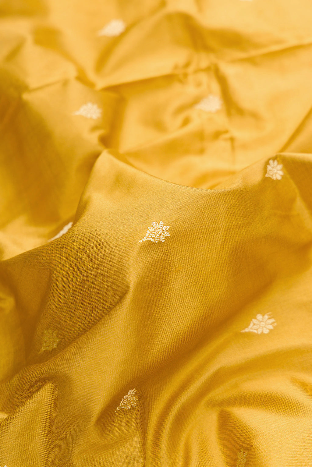 Close up of Gold Dual Tone Banarasi Silk Saree with Thread Butta on the body and Thread Border.  displaying folds