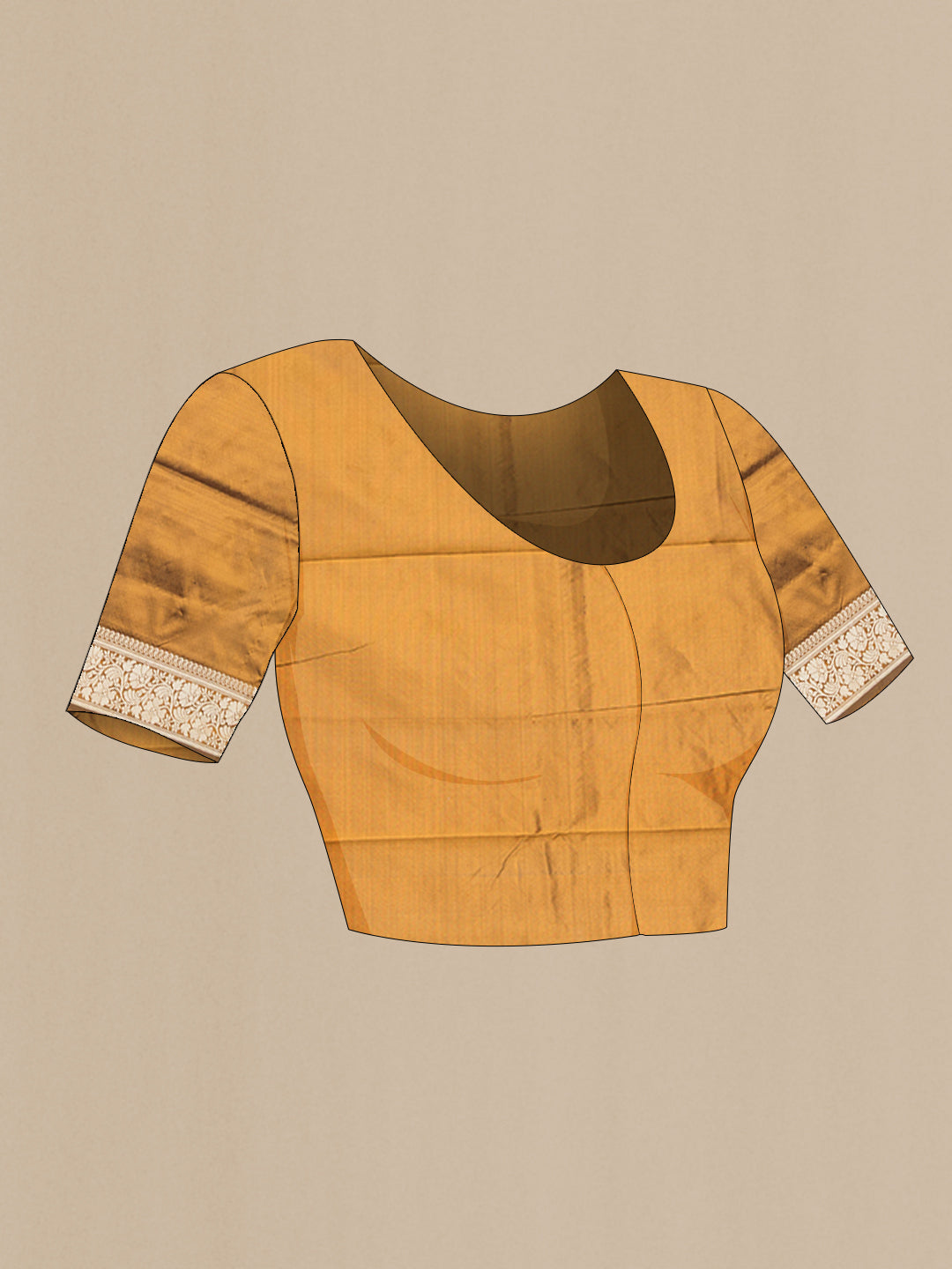 Close up image of the blouse of Brown Banarasi Silk Saree with Thread Butta on the body and Thread Border. 