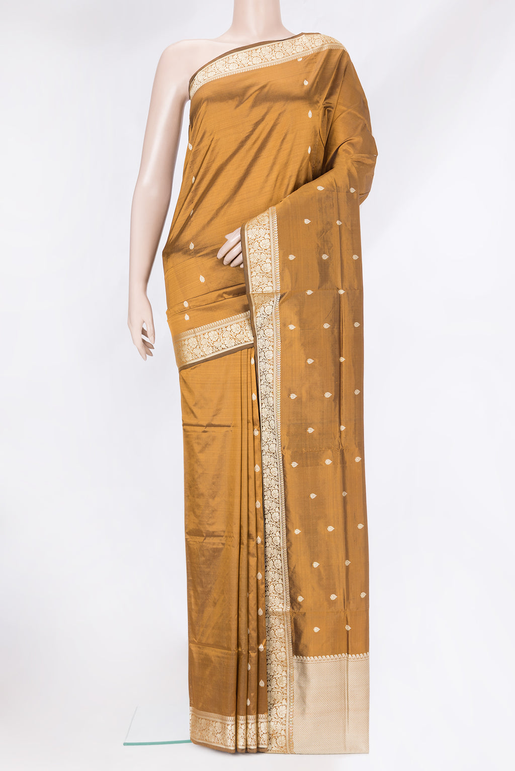 Brown Banarasi Silk Saree with Thread Butta on the body and Thread Border.  displayed on a mannequin