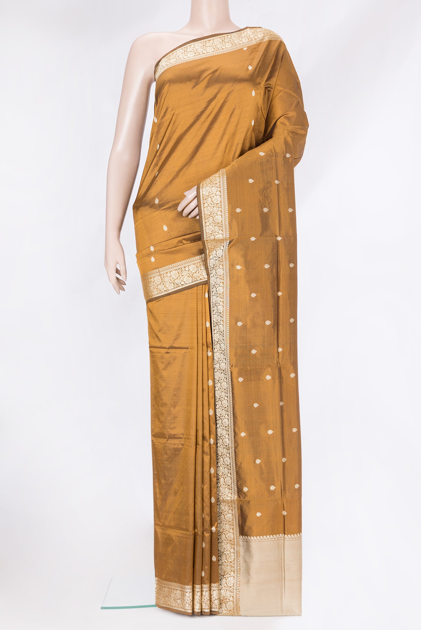 Brown Banarasi Silk Saree with Thread Butta on the body and Thread Border.  displayed on a mannequin