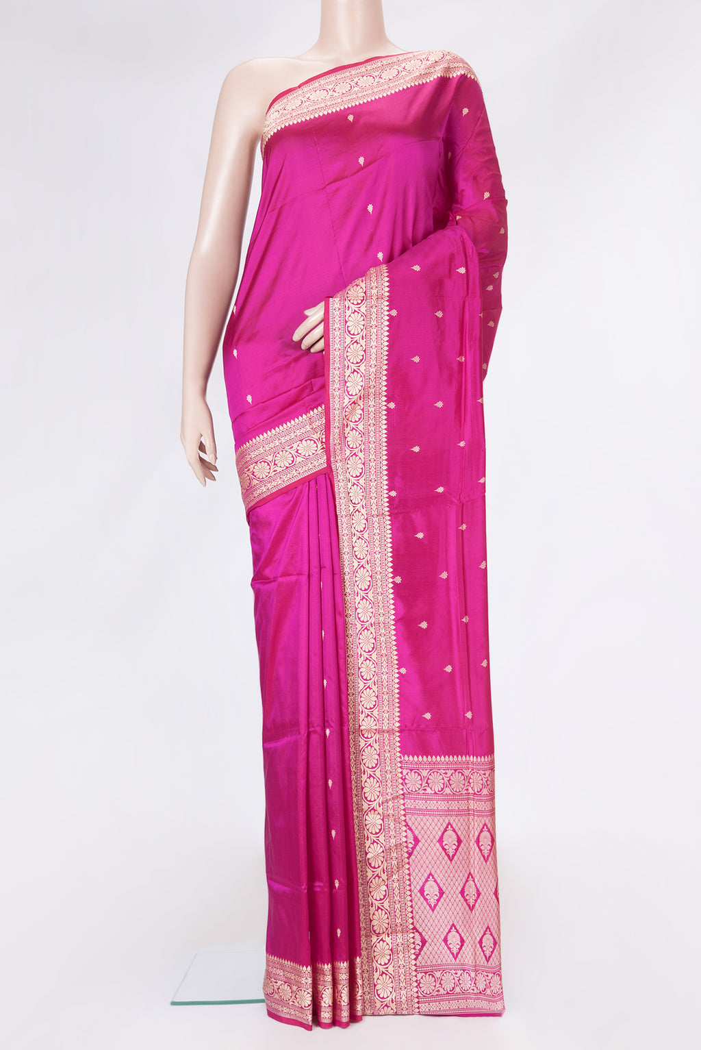 Pink Dual Tone Banarasi Silk Saree with Thread Butta on the body and Thread Border.  displayed on a mannequin