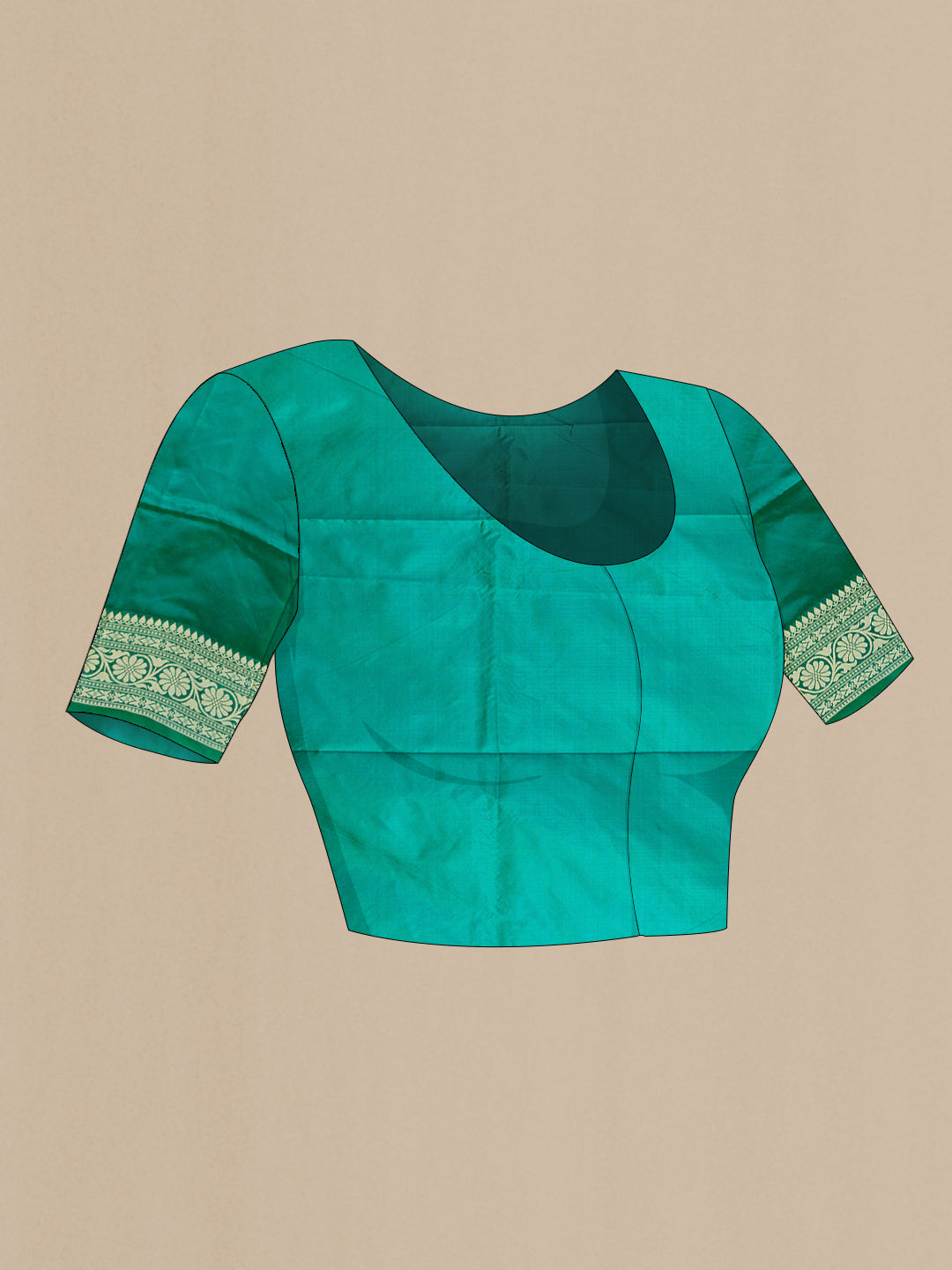 Close up image of the blouse of Peacock Blue Dual Tone Banarasi Silk Saree with Thread Butta on the body and Thread Border. 