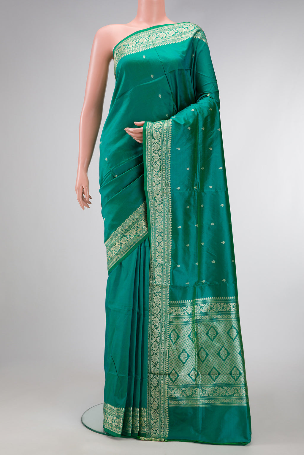 Peacock Blue Dual Tone Banarasi Silk Saree with Thread Butta on the body and Thread Border.  displayed on a mannequin