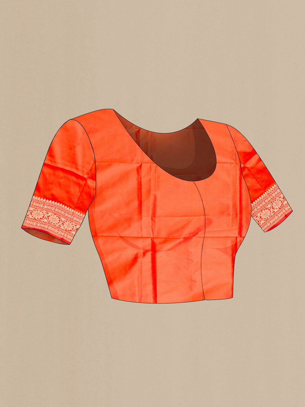 Close up image of the blouse of Orange Dual Tone Banarasi Silk Saree with Thread Butta on the body and Thread Border. 