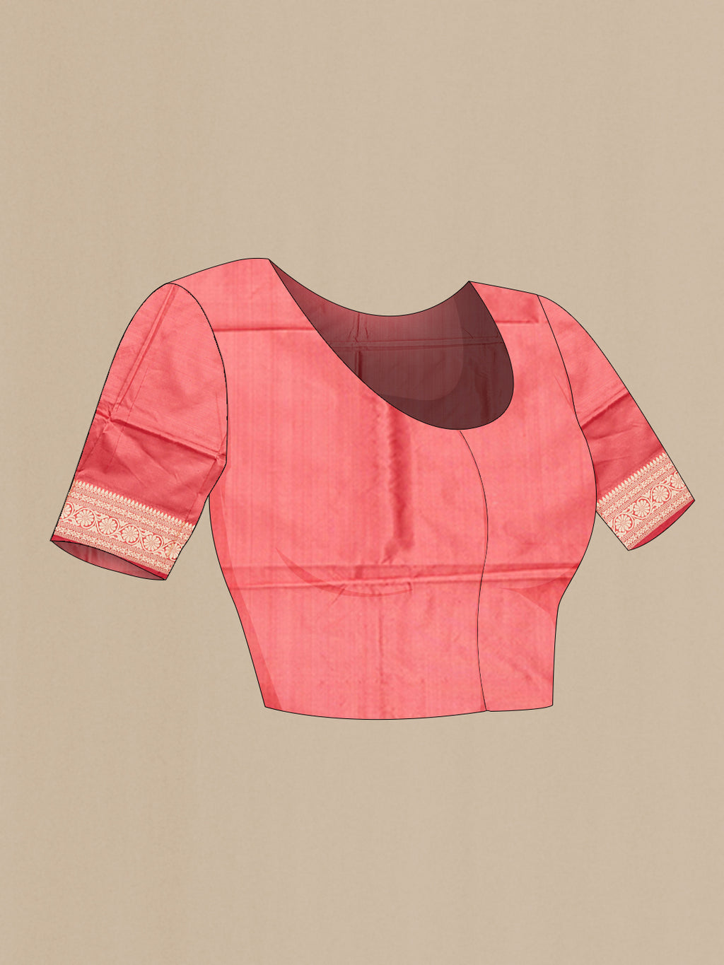 Close up image of the blouse of Coral Banarasi Silk Saree with Thread Butta on the body and Thread Border. 