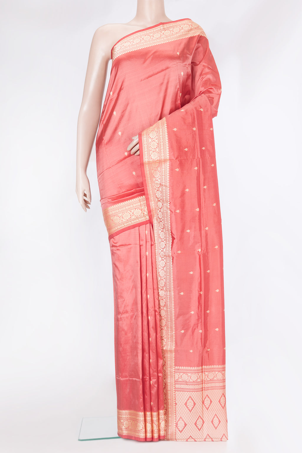 Coral Banarasi Silk Saree with Thread Butta on the body and Thread Border.  displayed on a mannequin