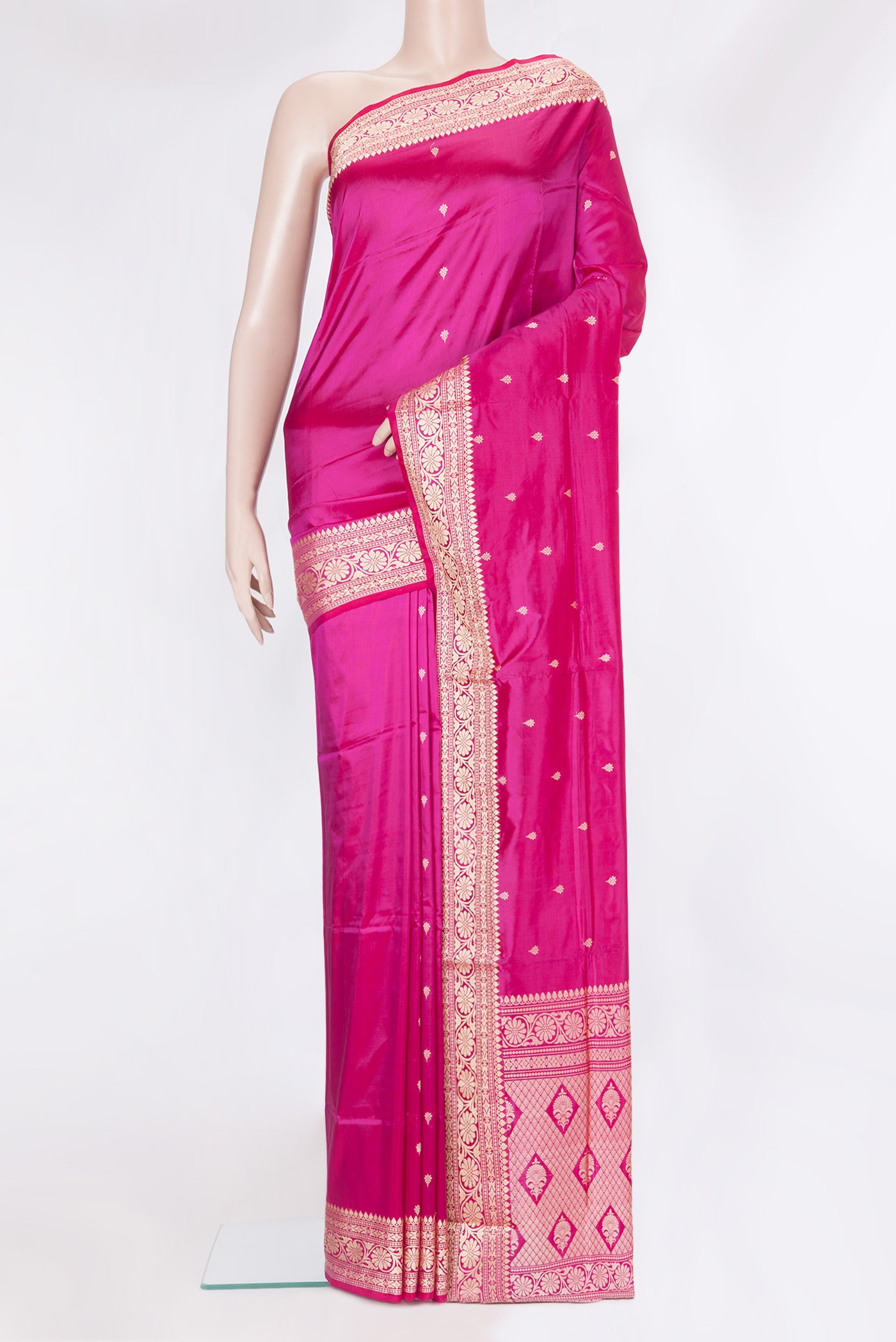 Light Magenta Banarasi Silk Saree with Thread Butta on the body and Thread Border.  displayed on a mannequin