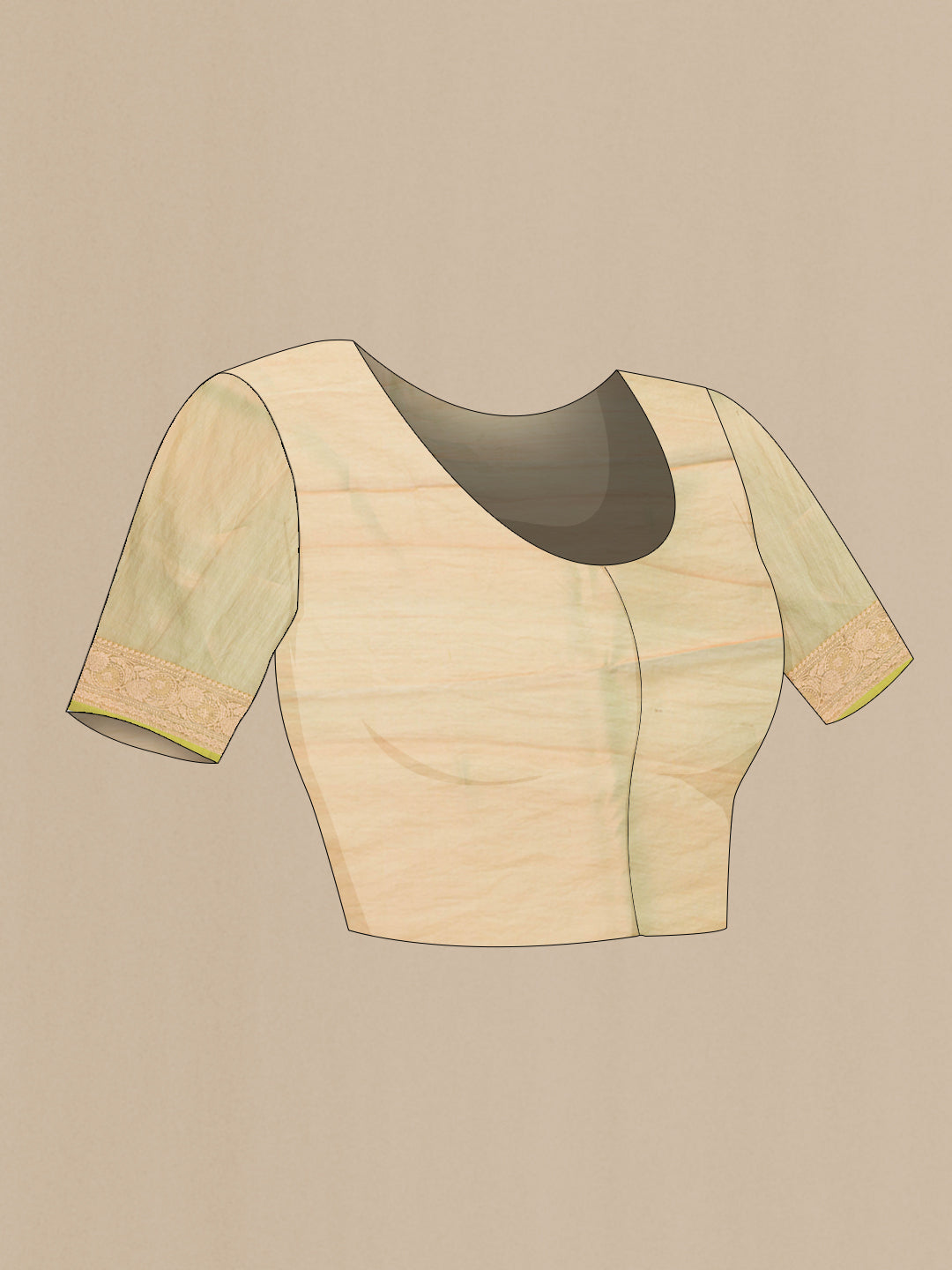 Close up image of the blouse of Parrot Green Dual Tone Organza Silk Saree with Zari Butta on the body and Zari Border. 