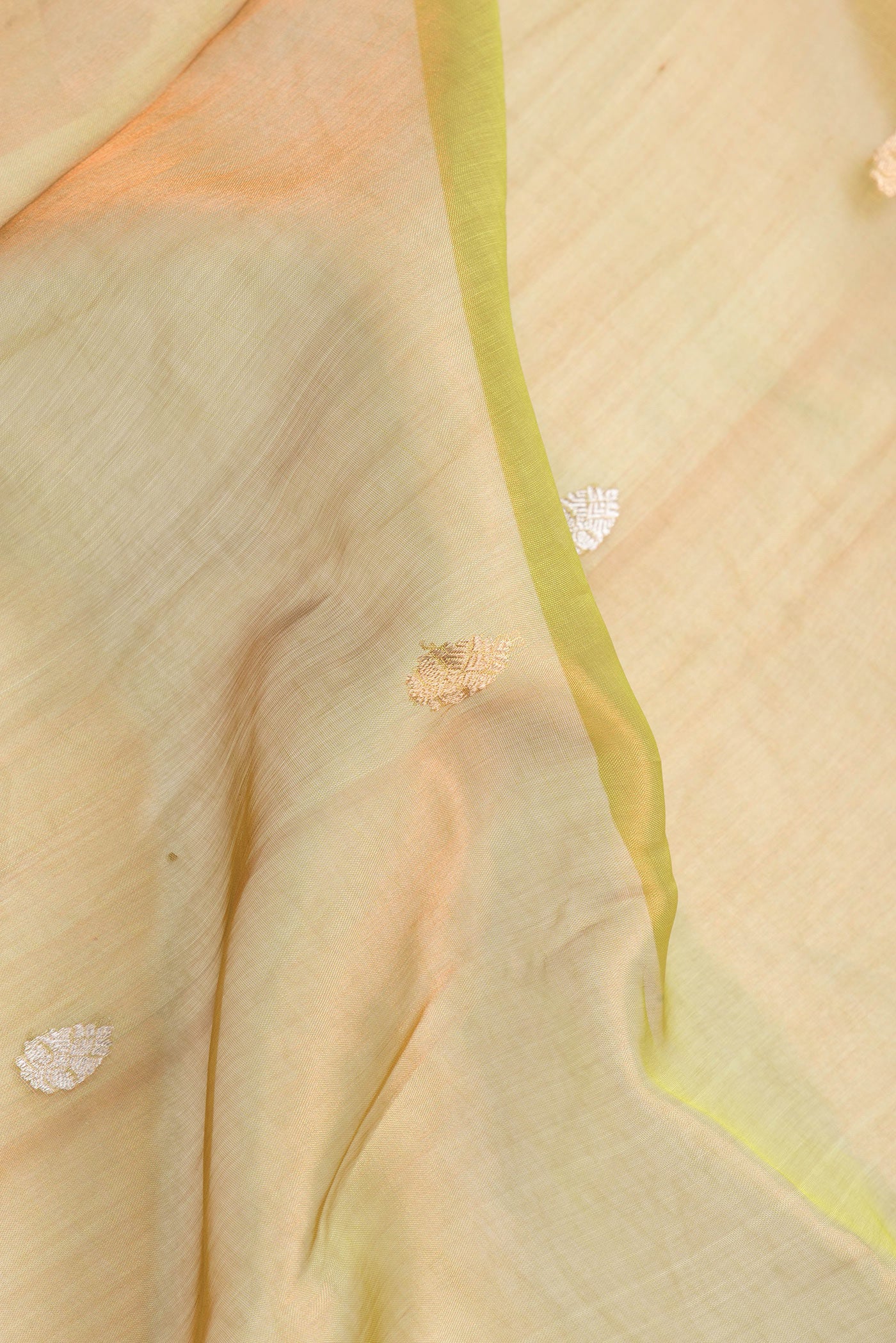 Close up of Parrot Green Dual Tone Organza Silk Saree with Zari Butta on the body and Zari Border.  displaying folds