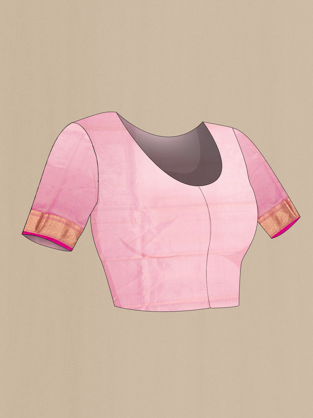 Close up image of the blouse of Pink Dual Tone Organza Silk Saree with Zari Butta on the body and Zari Border. 