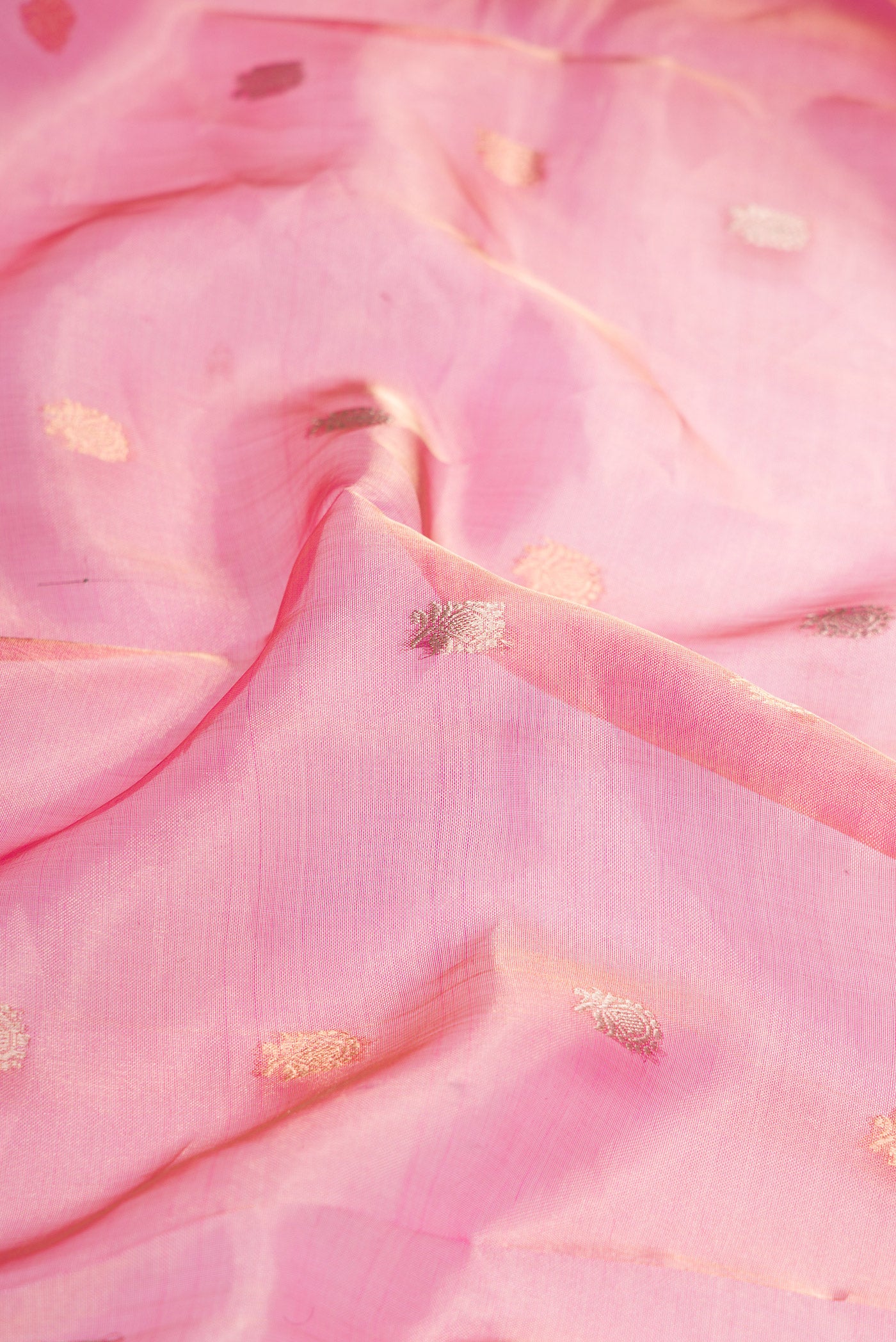Close up of Pink Dual Tone Organza Silk Saree with Zari Butta on the body and Zari Border.  displaying folds