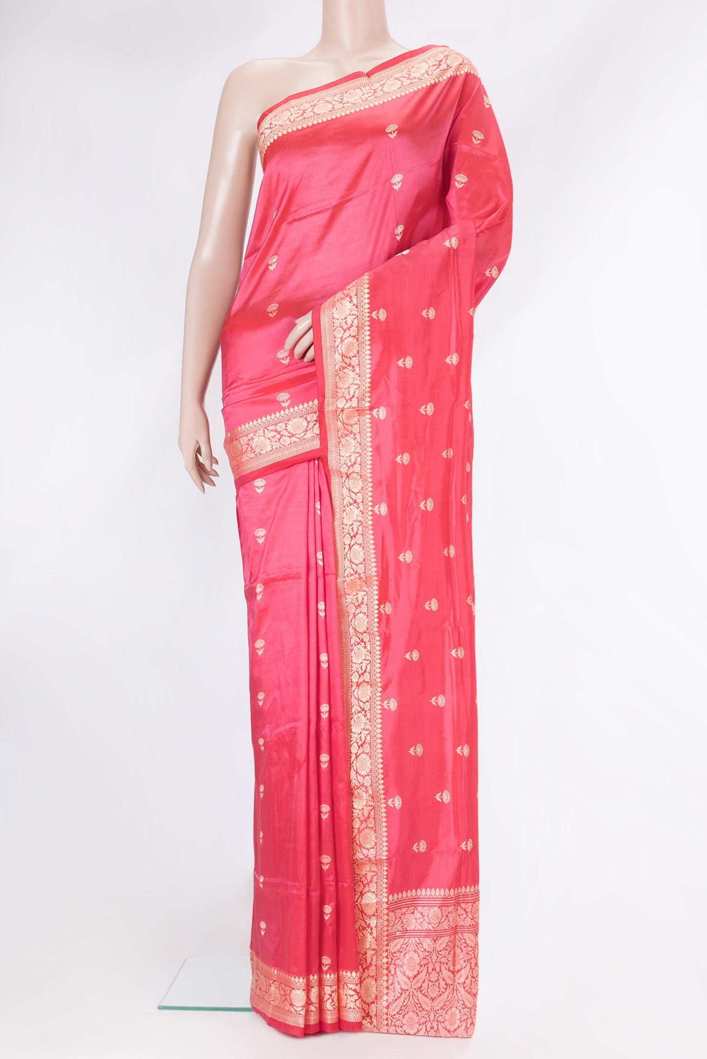 Pink Dual Tone Banarasi Silk Saree with Thread Butta on the body and Thread Border.  displayed on a mannequin