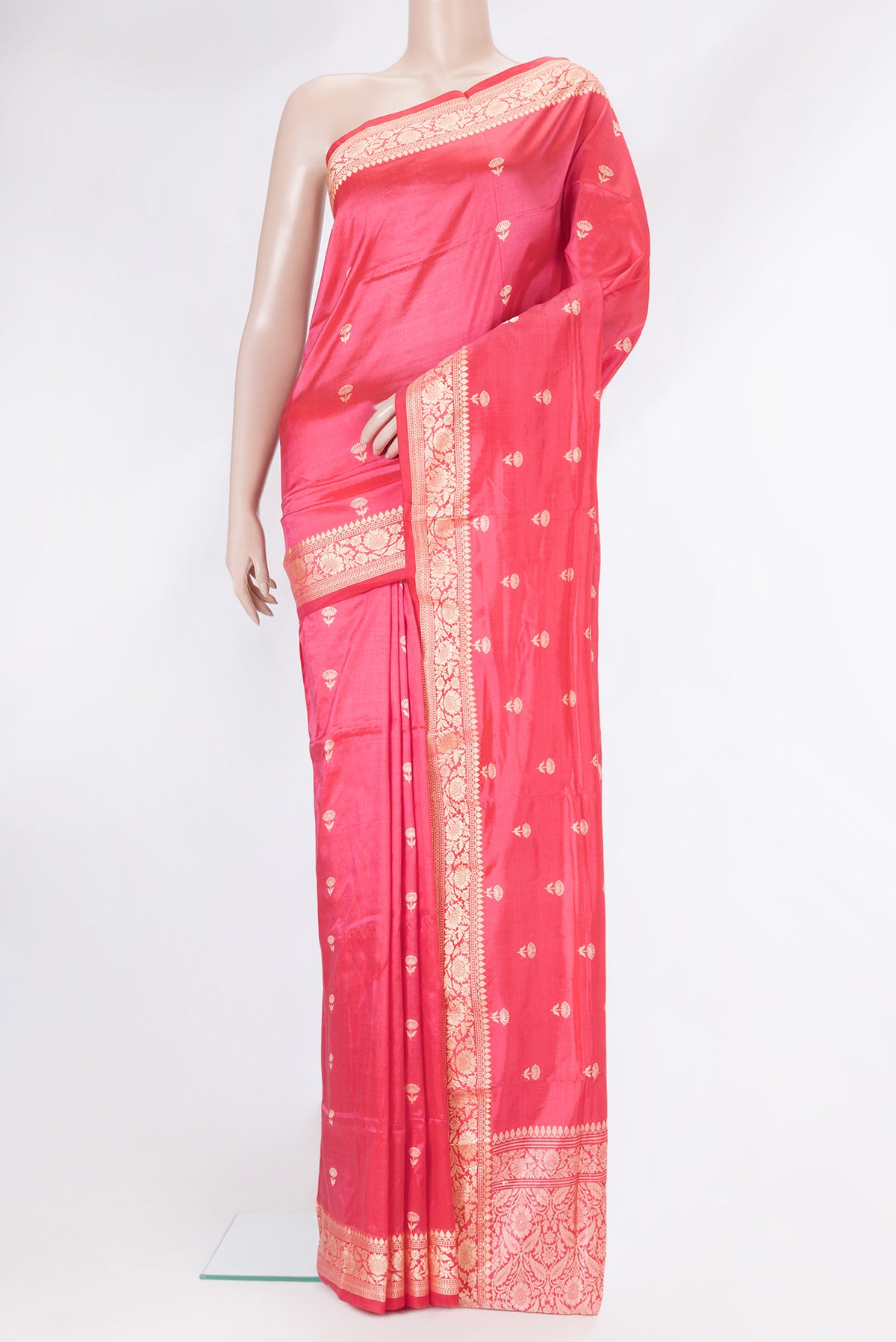Pink Dual Tone Banarasi Silk Saree with Thread Butta on the body and Thread Border.  displayed on a mannequin