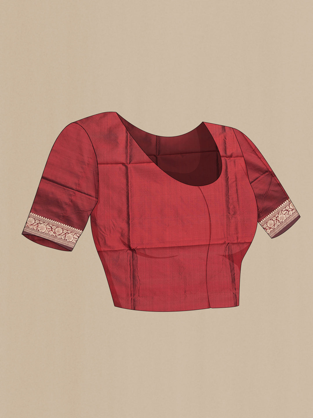 Close up image of the blouse of Maroon Dual Tone Banarasi Silk Saree with Thread Butta on the body and Thread Border. 