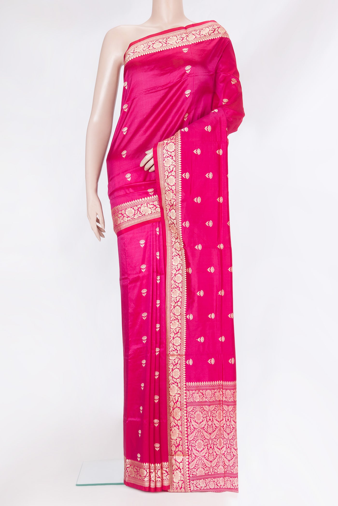 Pink Banarasi Silk Saree with Thread Butta on the body and Thread Border.  displayed on a mannequin