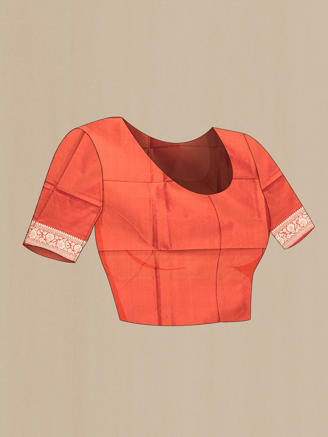 Close up image of the blouse of Red Dual Tone Banarasi Silk Saree with Thread Butta on the body and Thread Border. 
