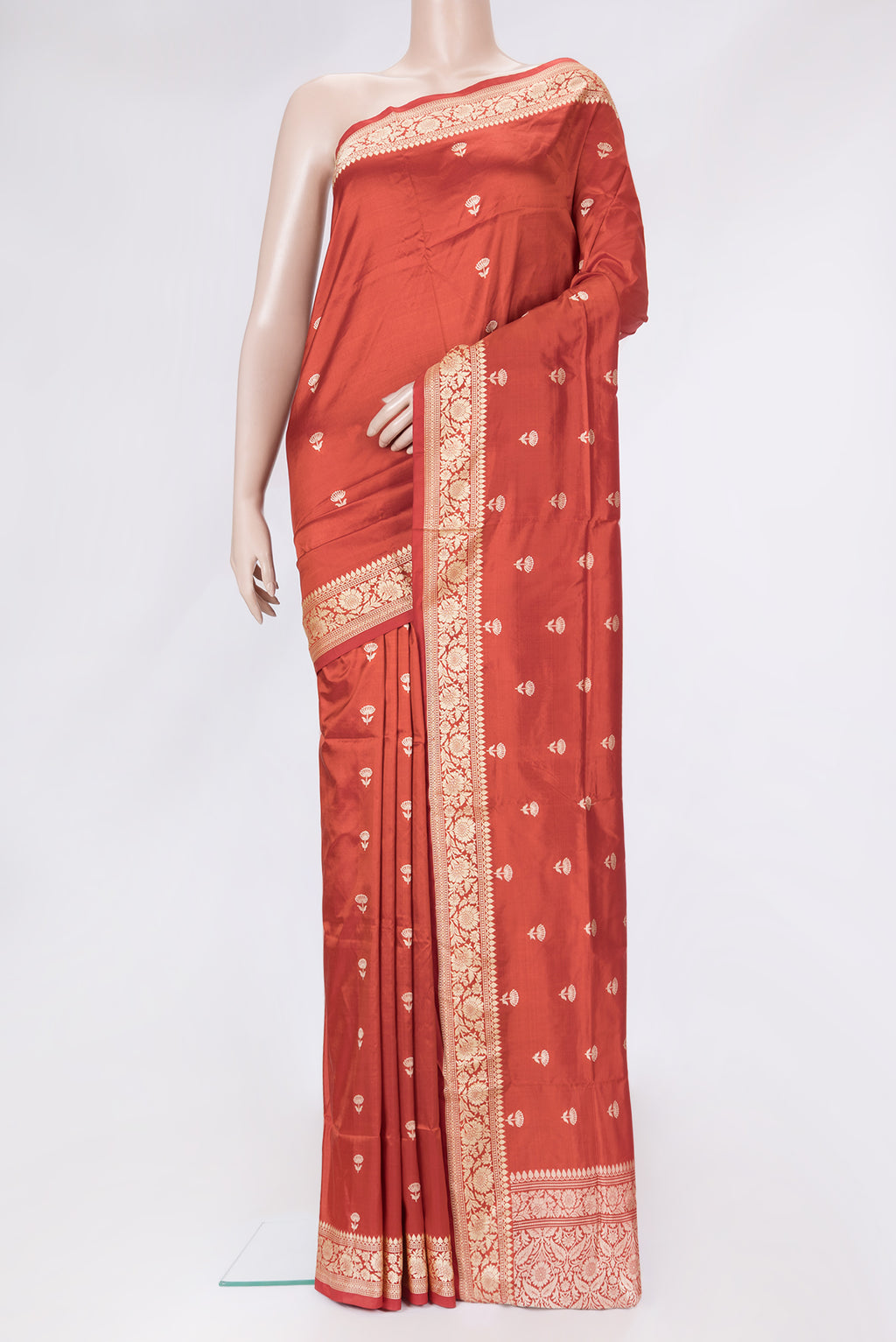 Red Dual Tone Banarasi Silk Saree with Thread Butta on the body and Thread Border.  displayed on a mannequin