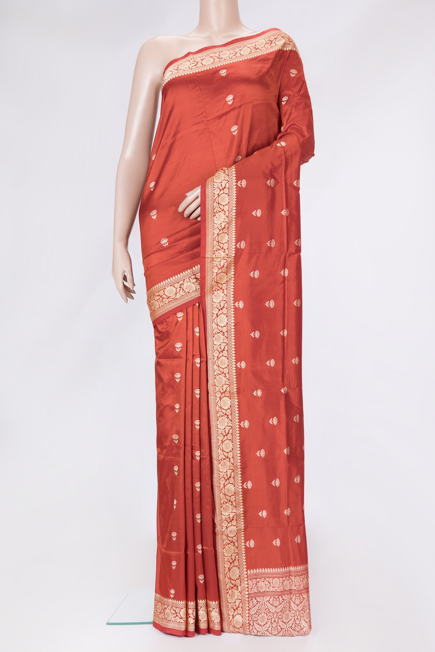 Red Dual Tone Banarasi Silk Saree with Thread Butta on the body and Thread Border.  displayed on a mannequin