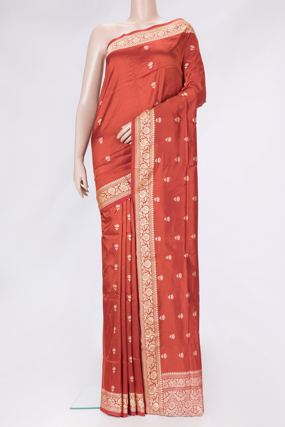 Red Dual Tone Banarasi Silk Saree with Thread Butta on the body and Thread Border.  displayed on a mannequin