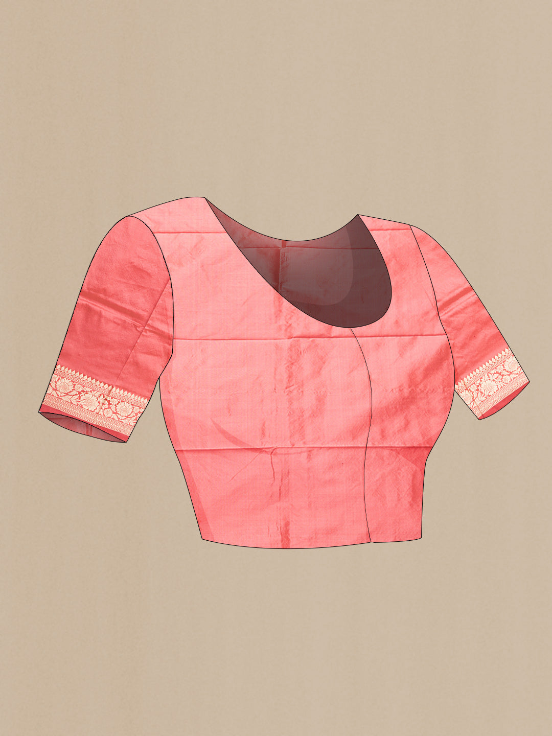 Close up image of the blouse of Peach Dual Tone Banarasi Silk Saree with Thread Butta on the body and Thread Border. 
