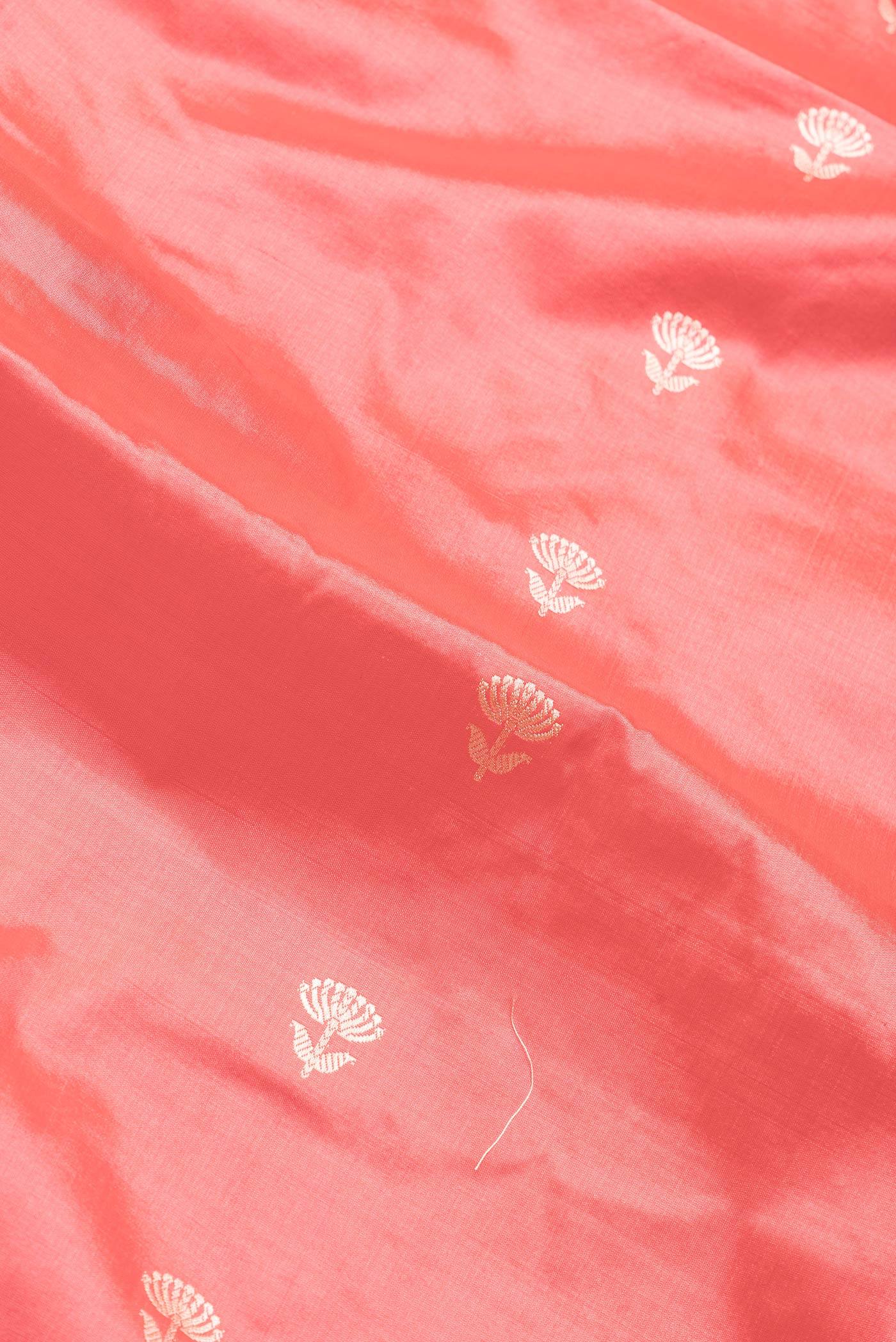 Close up of Peach Dual Tone Banarasi Silk Saree with Thread Butta on the body and Thread Border.  displaying folds