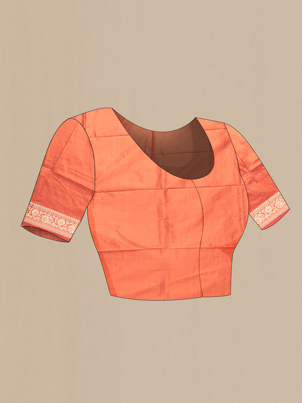 Close up image of the blouse of Orange Dual Tone Banarasi Silk Saree with Thread Butta on the body and Thread Border. 