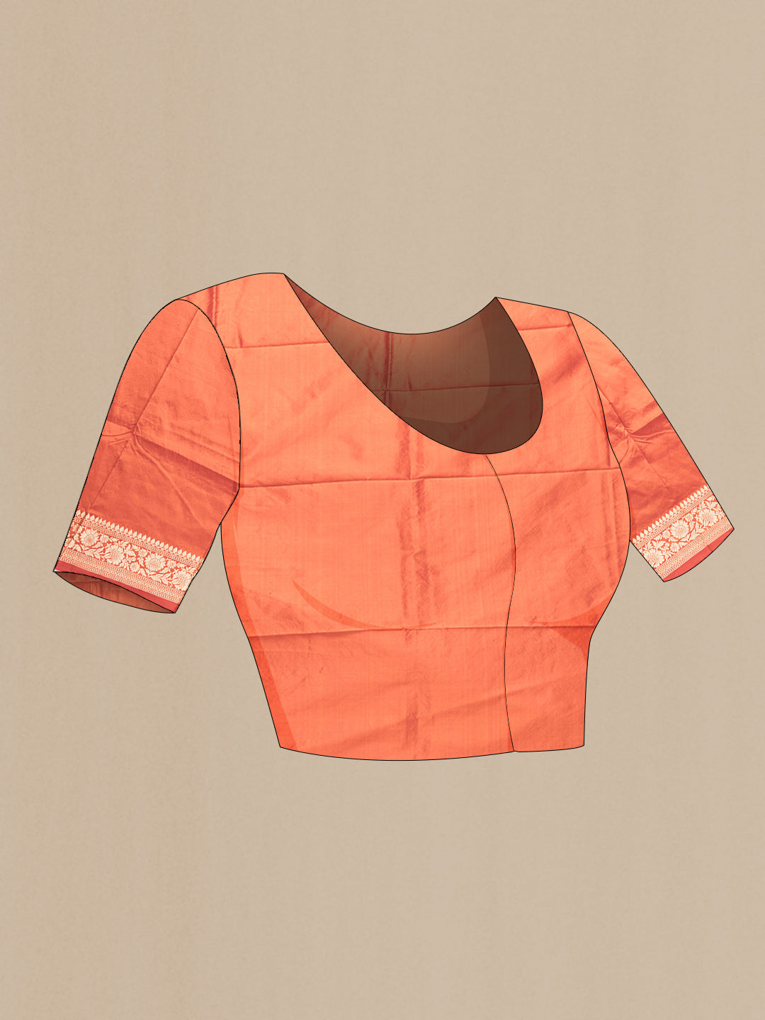 Close up image of the blouse of Orange Dual Tone Banarasi Silk Saree with Thread Butta on the body and Thread Border. 