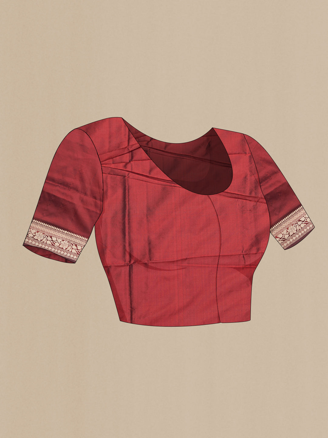 Close up image of the blouse of Maroon Dual Tone Banarasi Silk Saree with Thread Butta on the body and Thread Border. 