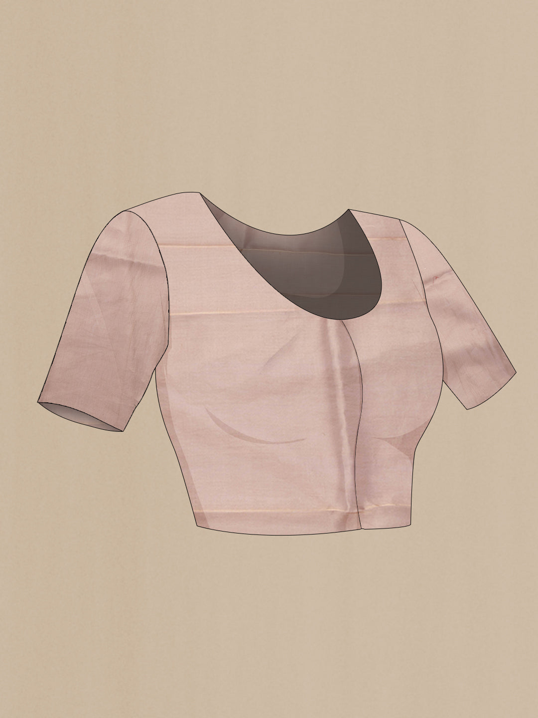 Close up image of the blouse of Rose Gold Dual Tone Organza Silk Saree with Zari Butta on the body and Zari Border. 
