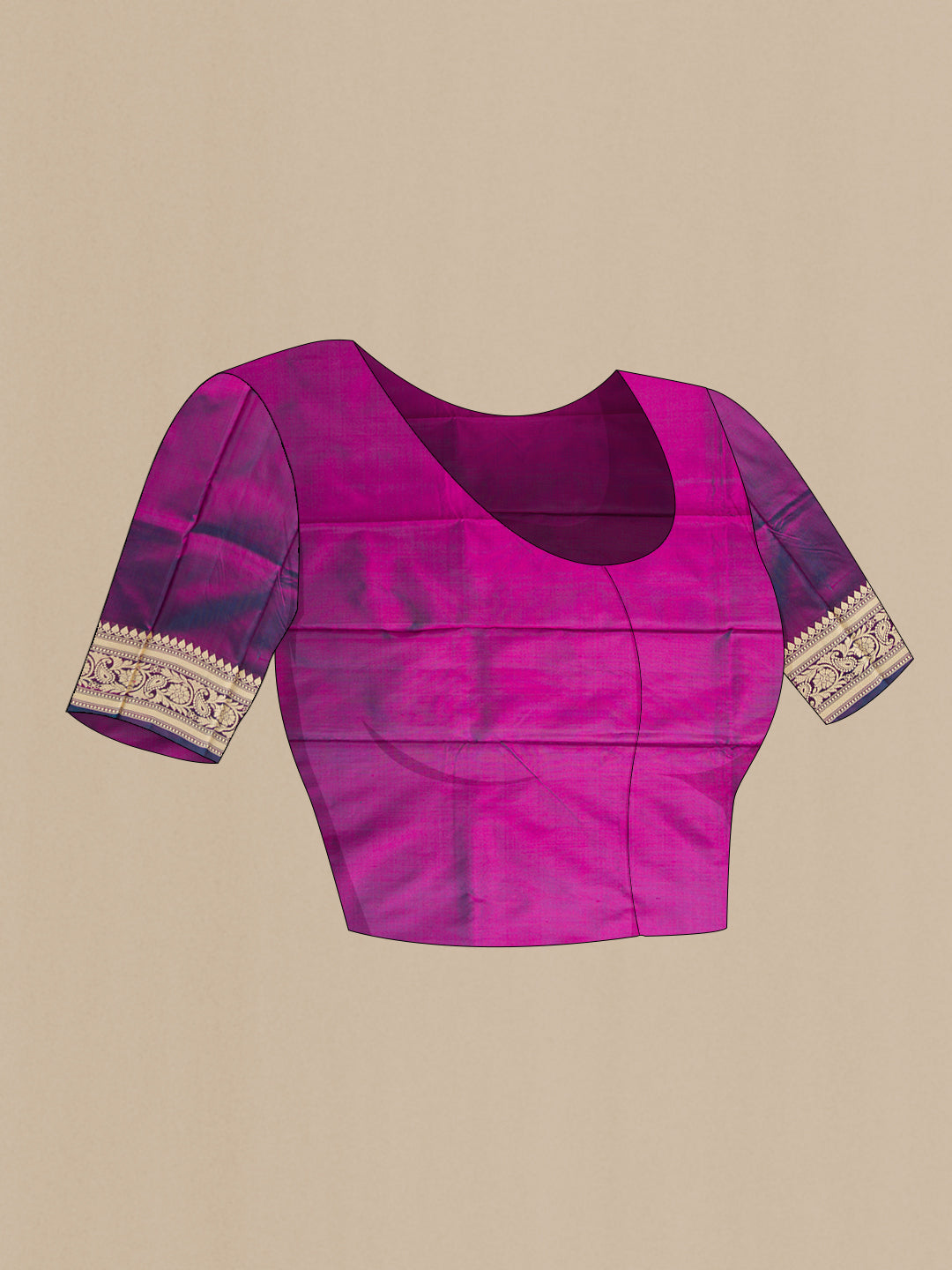 Close up image of the blouse of Purple Banarasi Silk Saree with Thread Butta on the body and Thread Border. 