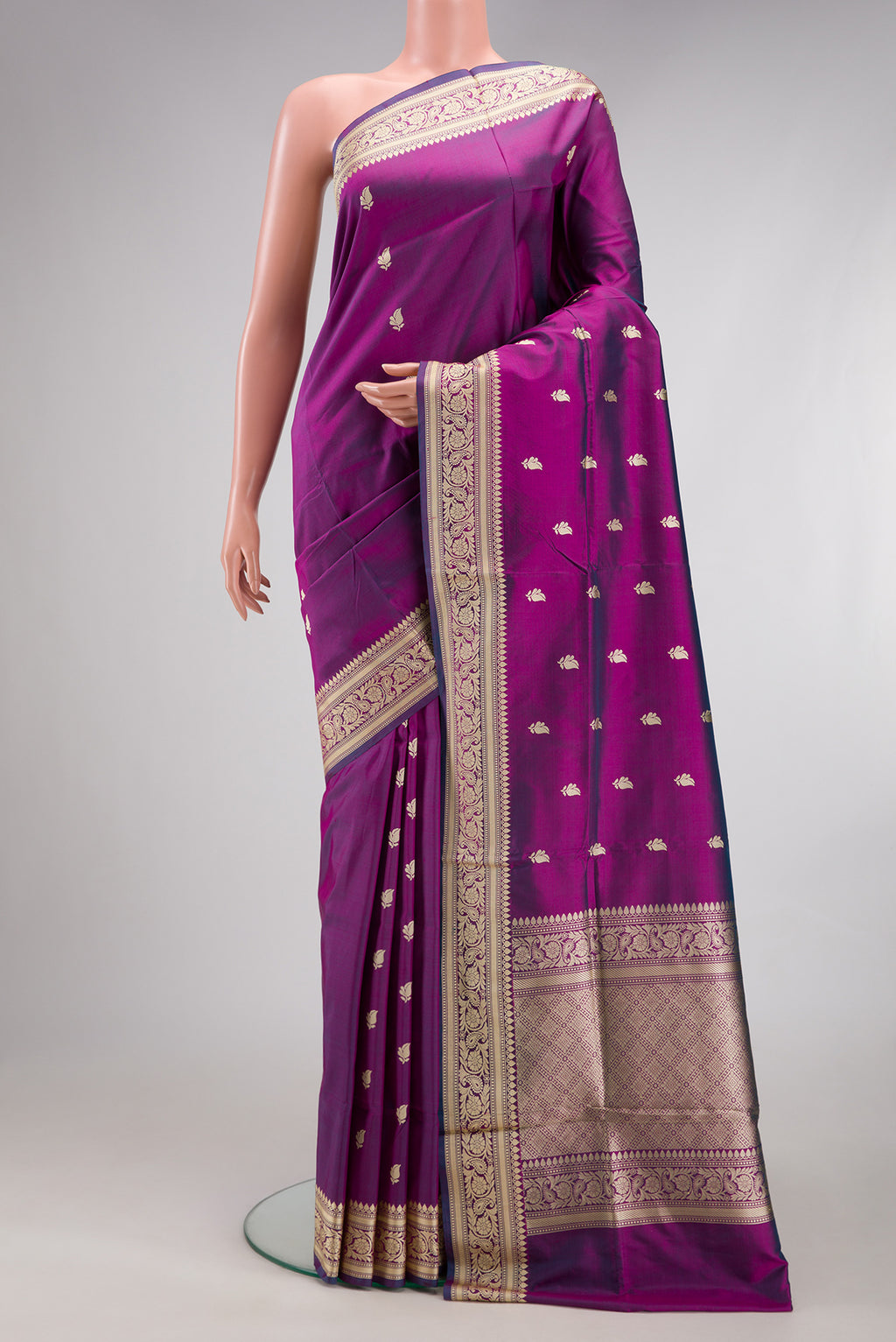 Purple Banarasi Silk Saree with Thread Butta on the body and Thread Border.  displayed on a mannequin