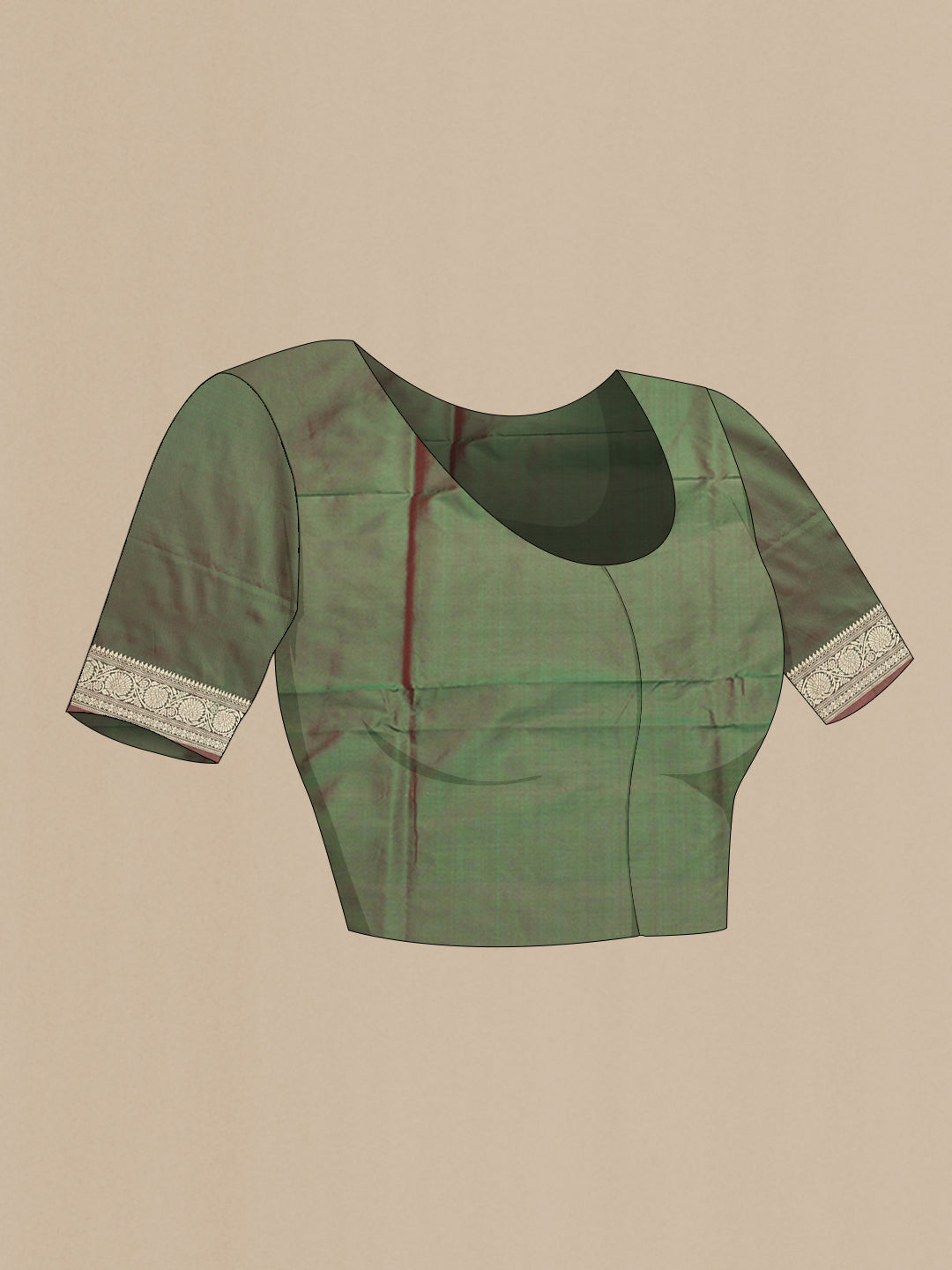 Close up image of the blouse of Green Dual Tone Banarasi Silk Saree with Thread Butta on the body and Thread Border. 