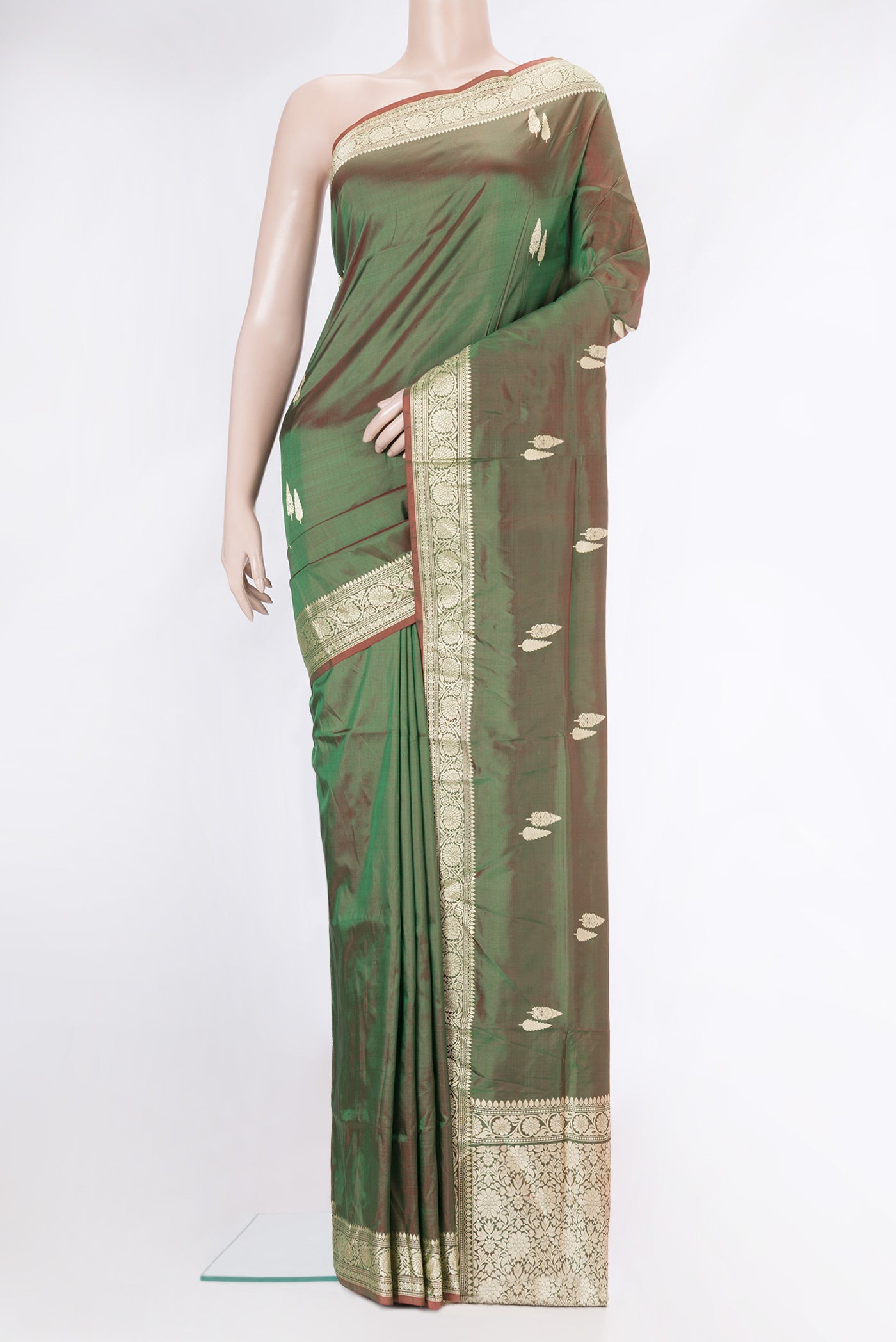 Green Dual Tone Banarasi Silk Saree with Thread Butta on the body and Thread Border.  displayed on a mannequin
