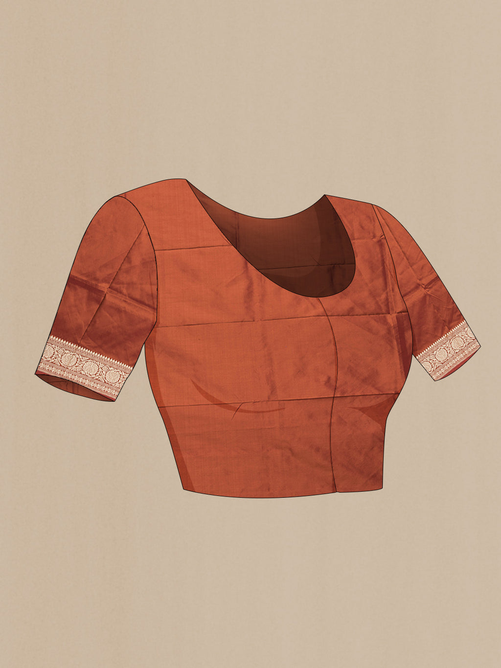 Close up image of the blouse of Orange Dual Tone Banarasi Silk Saree with Thread Butta on the body and Thread Border. 