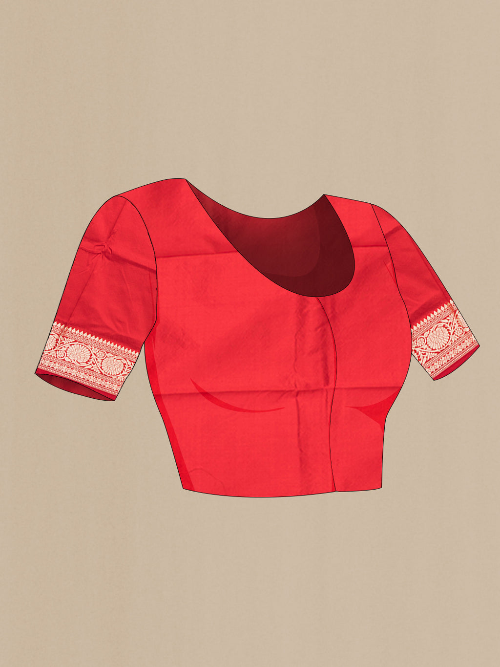 Close up image of the blouse of Red Banarasi Silk Saree with Thread Butta on the body and Thread Border. 