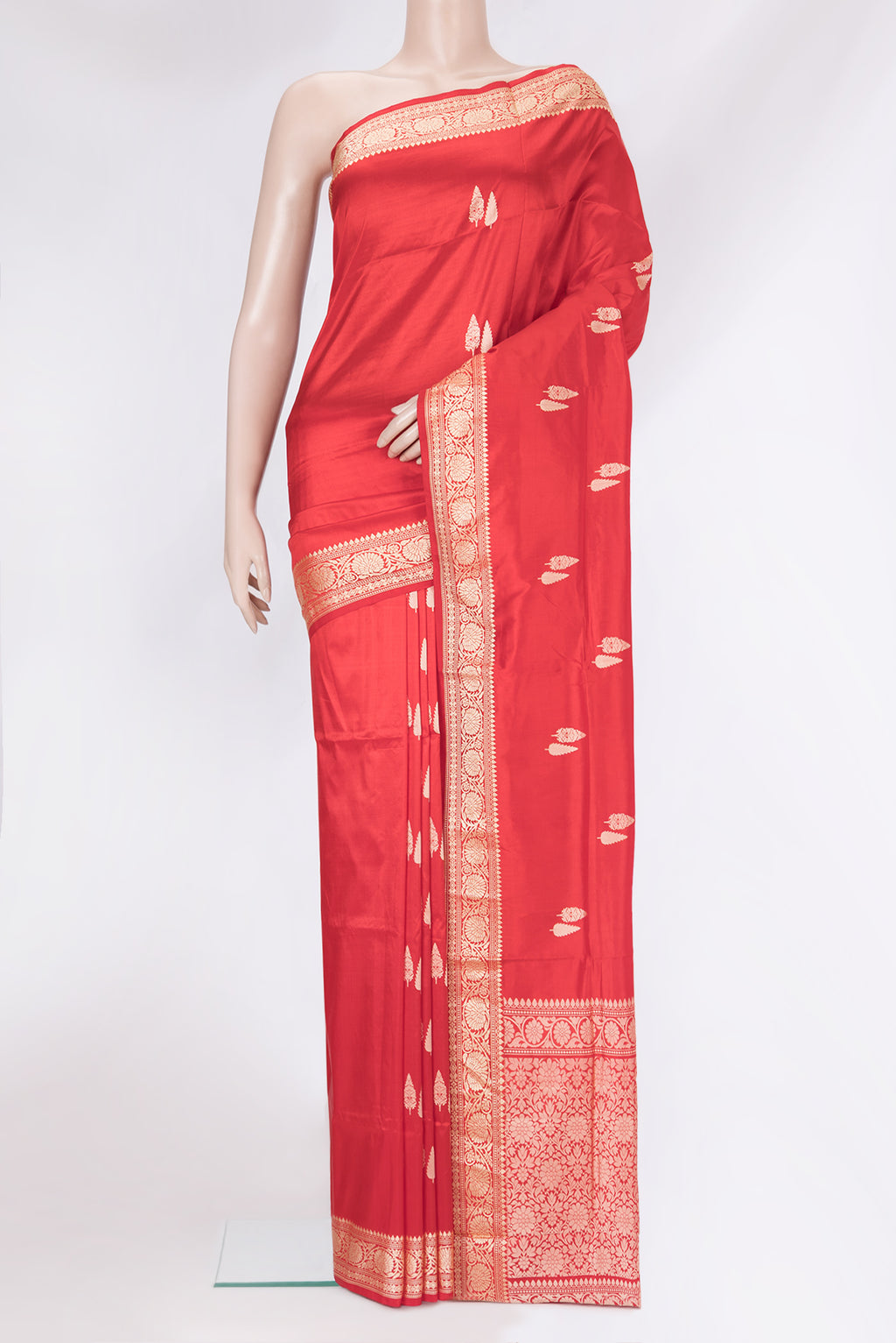 Red Banarasi Silk Saree with Thread Butta on the body and Thread Border.  displayed on a mannequin