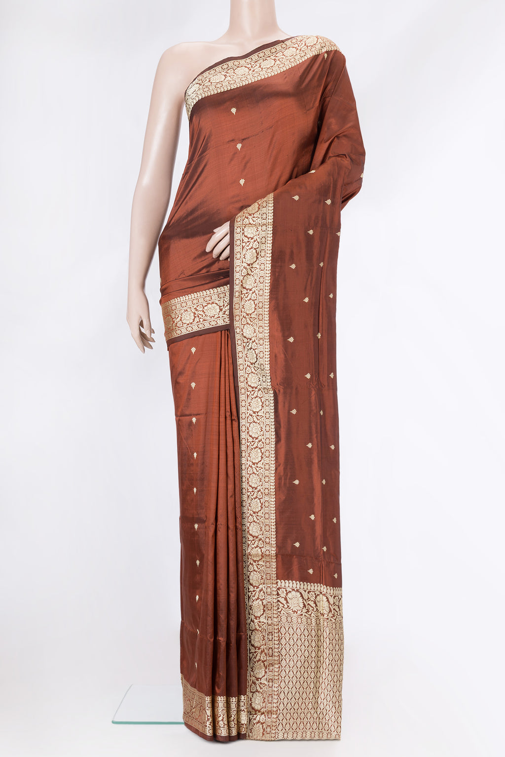Brown Dual Tone Banarasi Silk Saree with Thread Butta on the body and Thread Border.  displayed on a mannequin