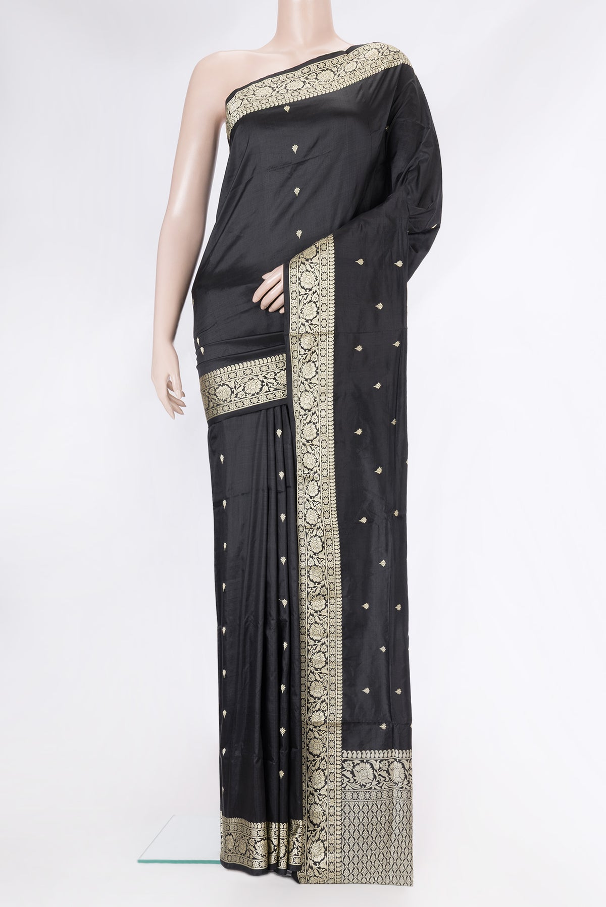 Black Dual Tone Banarasi Silk Saree with Thread Butta on the body and Thread Border.  displayed on a mannequin