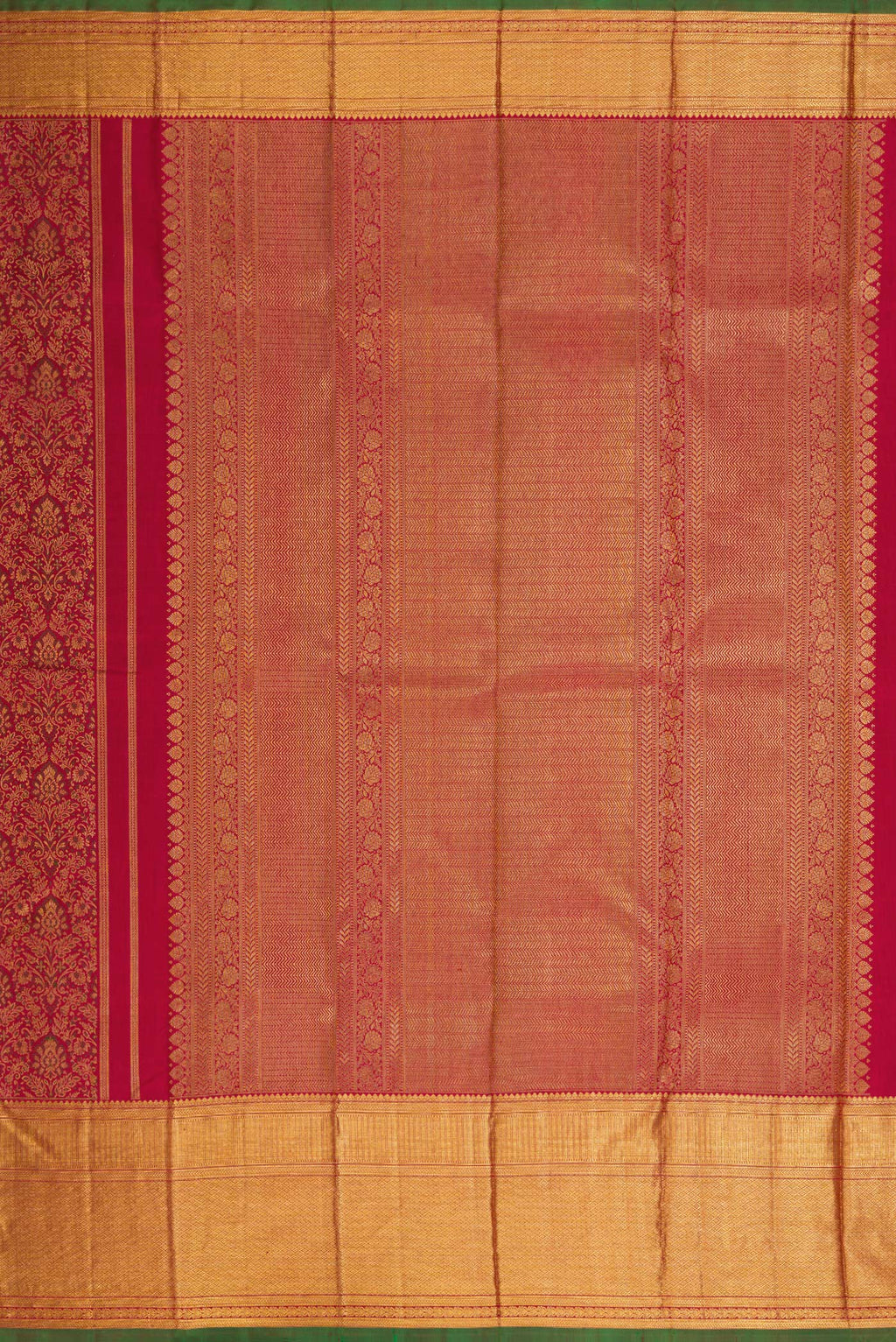 Close up image of the pallu of Maroon Dual Tone Kanchipuram Silk Saree with Zari Brocade on the body and Zari Border. 