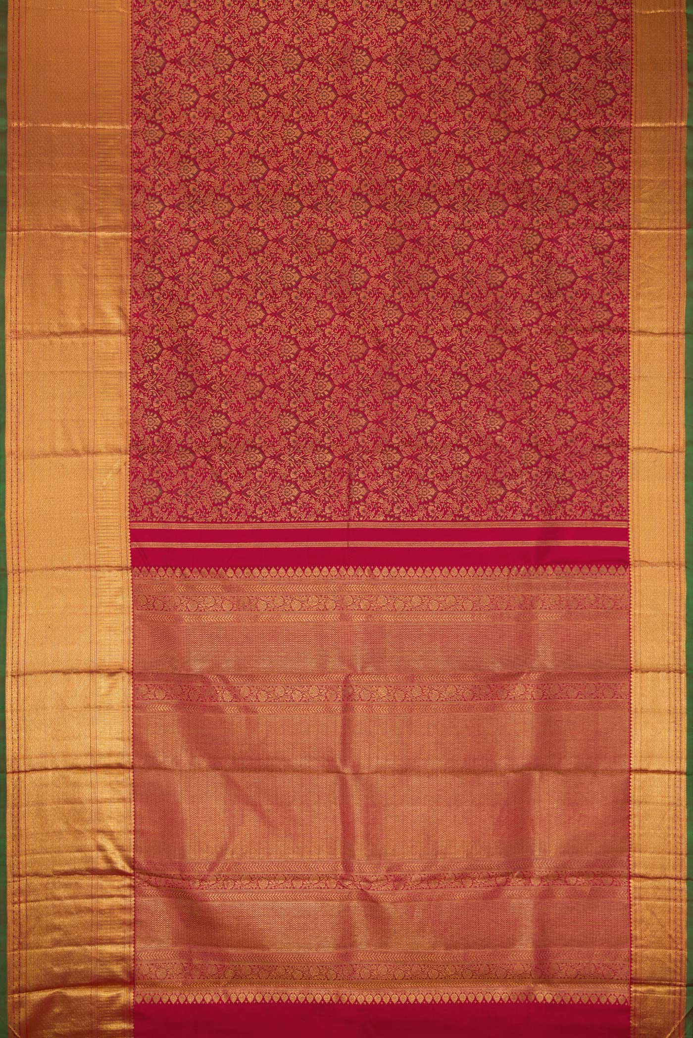 Flat view of Maroon Dual Tone Kanchipuram Silk Saree with Zari Brocade on the body and Zari Border. 
