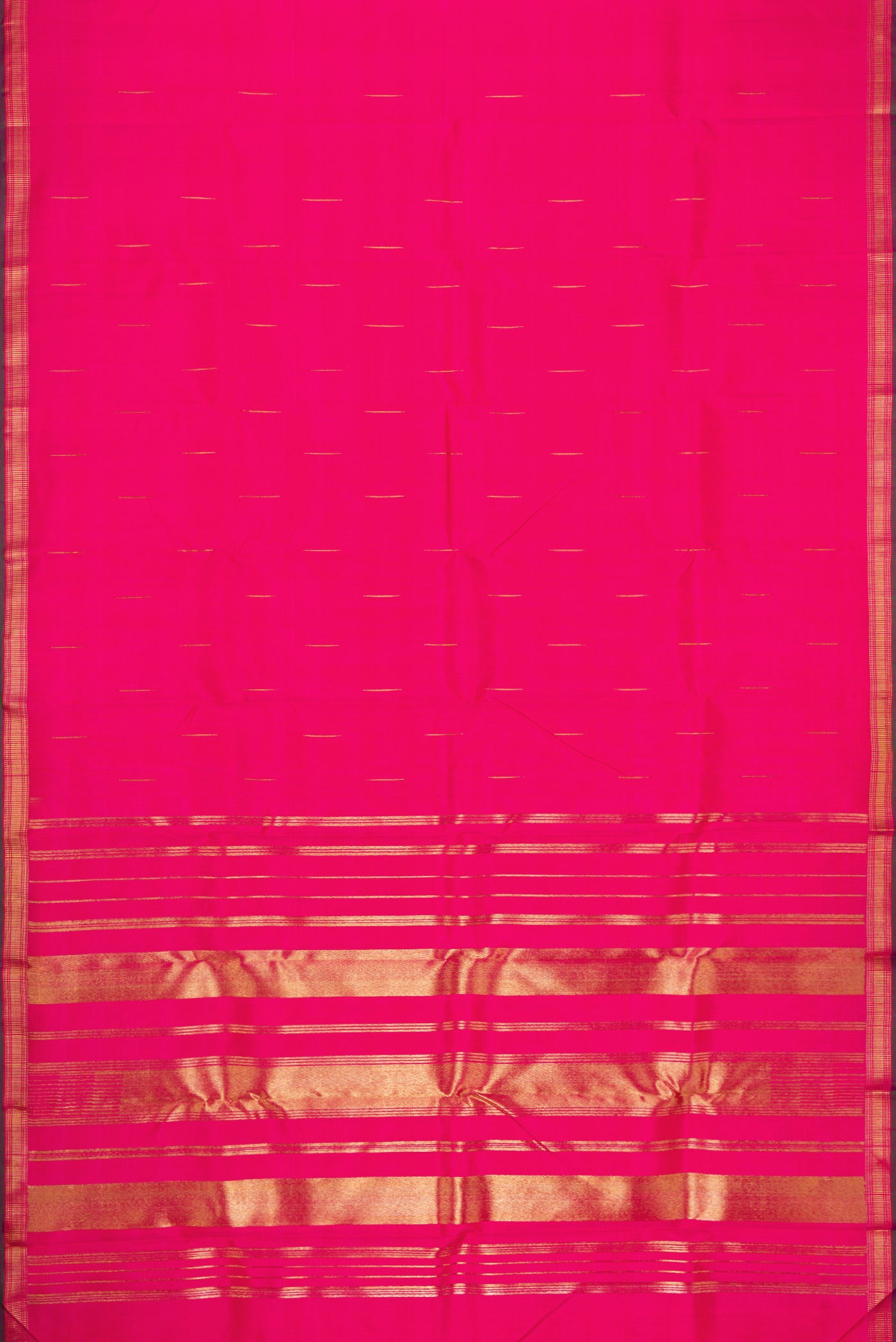 Flat view of Pure Silk Pure Zari Pink Dual Tone Kanchipuram Saree with Zari Butta on the body and Zari Border. 