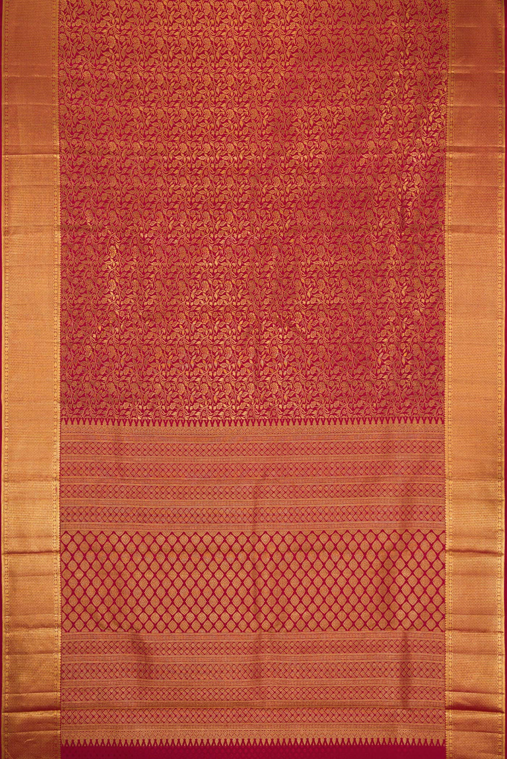 Flat view of Maroon Dual Tone Kanjivaram Silk Saree with Zari Brocade on the body and Zari Border. 